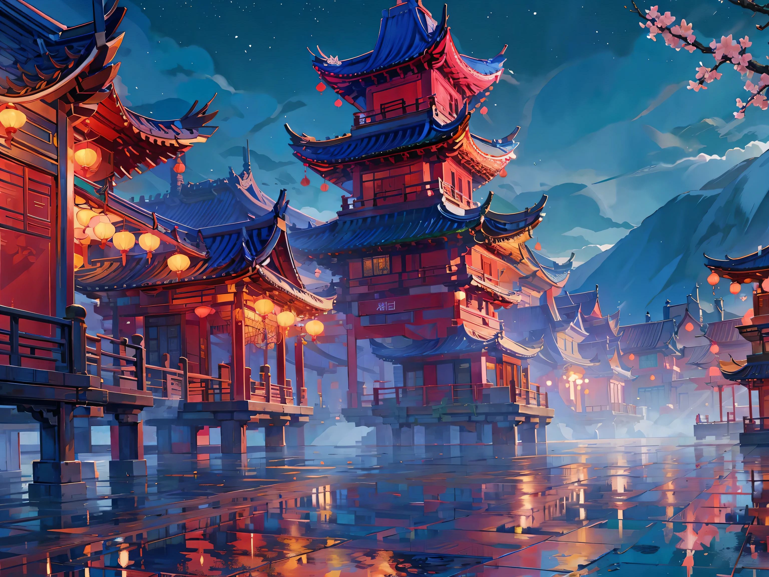 (masterpiece, best quality:1.2), (\sai bo gu feng\), landscape, no humans, tree, Sky, night, Star \(Sky\), Outdoor sports, architecture, night Sky, east asian architecture, reflection, Starry Sky, building, water, bridge, Cherry blossoms, railing, 