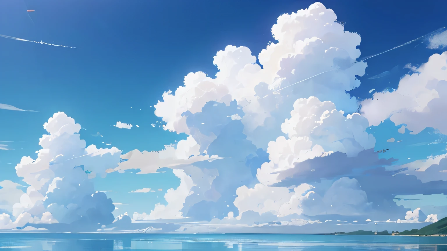 wide front view, day time, clear blue skies with some clouds, sea at the middle, flat grassy foreground