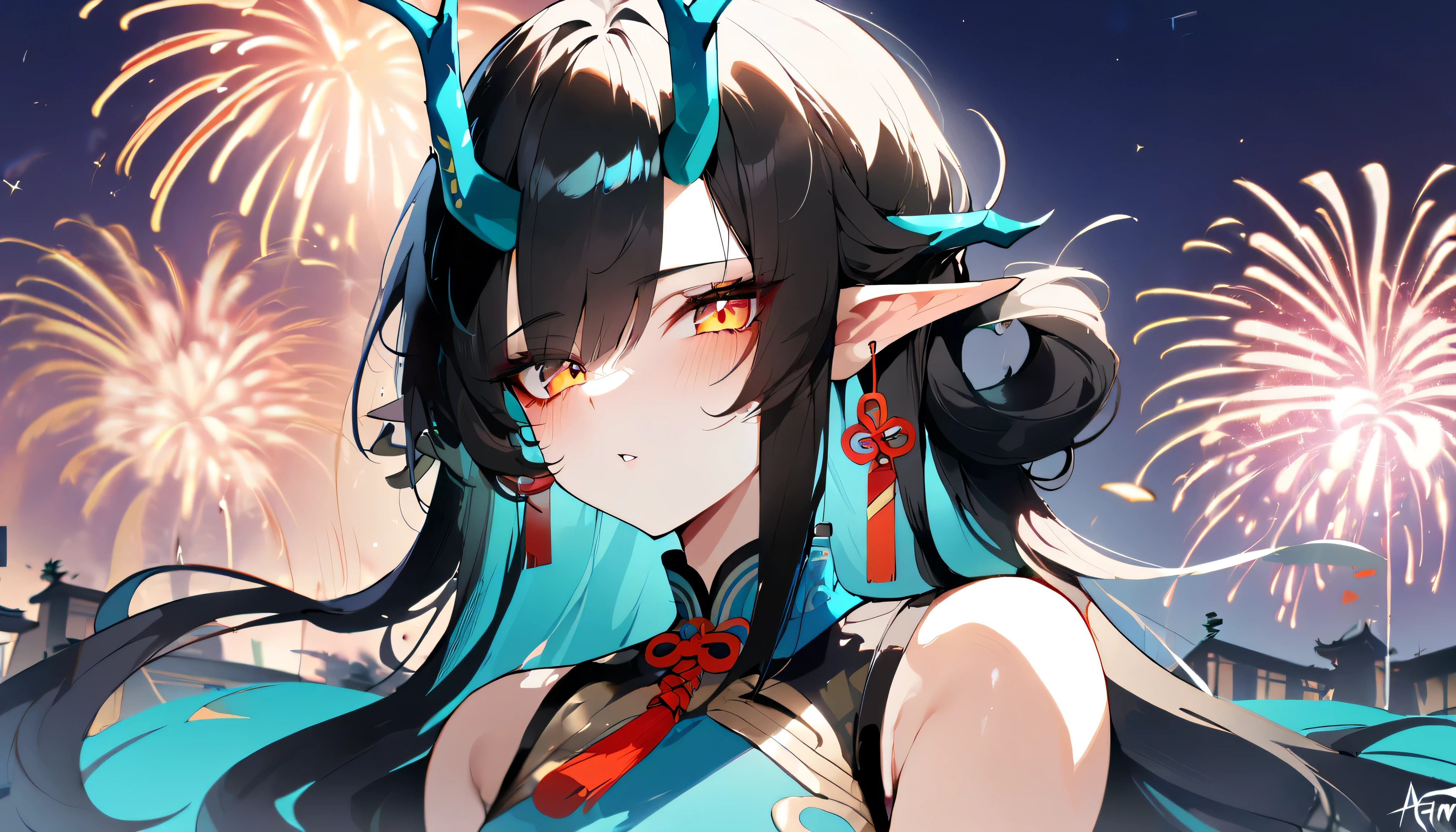 1 girl, twilight \(it's all a miracle\) \(arknights\), arknightasterpiece, Best quality), newest, ,turquoise chinese dress, Original outfit, , from the nanny, black hair, horns, author: omone hokoma agm, , night, fireworks, orange eyes,detailed eyes, Perfect eyes, close-up,Cute, blush
