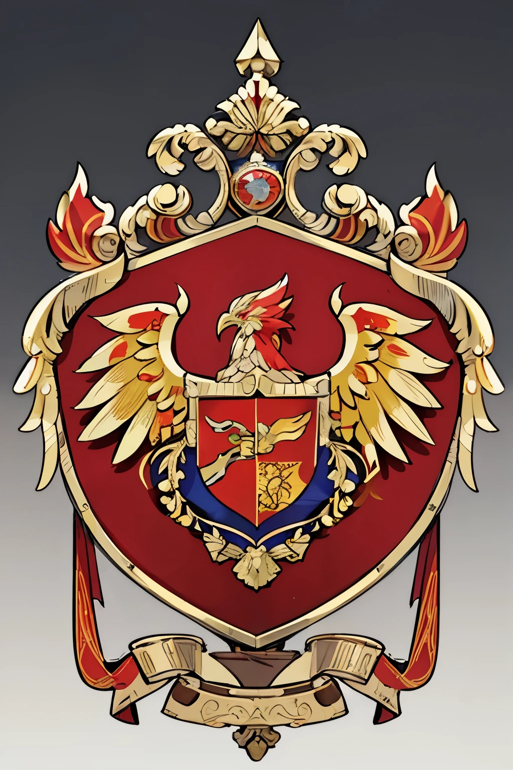 ( coat of arms design) phoenix in the center of the shield, a red and goldshield with a stylized design on it, shield design, fantasy shield, gold and red armor, red and gold coat of arms, shield emblem, royal coat of arms, sword, phoenix symbol, coat of arms