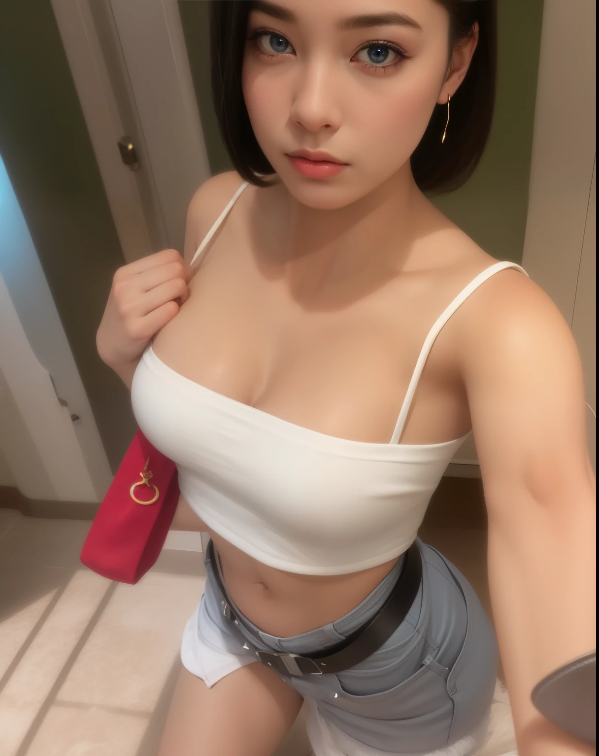 Beautiful big breastokeh), indoors, detailed luxury living room, gentle and charming beautiful goddess, Korean(kpop-idol), solo, necklace, oval face, double eyelids, smart, good hands, good feet, Natural, (from below angle), (glossy skin:1.05), ((low angle)), Perfect figure, (64k, UHD, RAW photo, best quality, masterpiece:1.4), (realistic, photo-realistic:1.37), ultra high res, photon mapping, radiosity, physically-based rendering, professional soft lighting, blue eyes, purpel hair