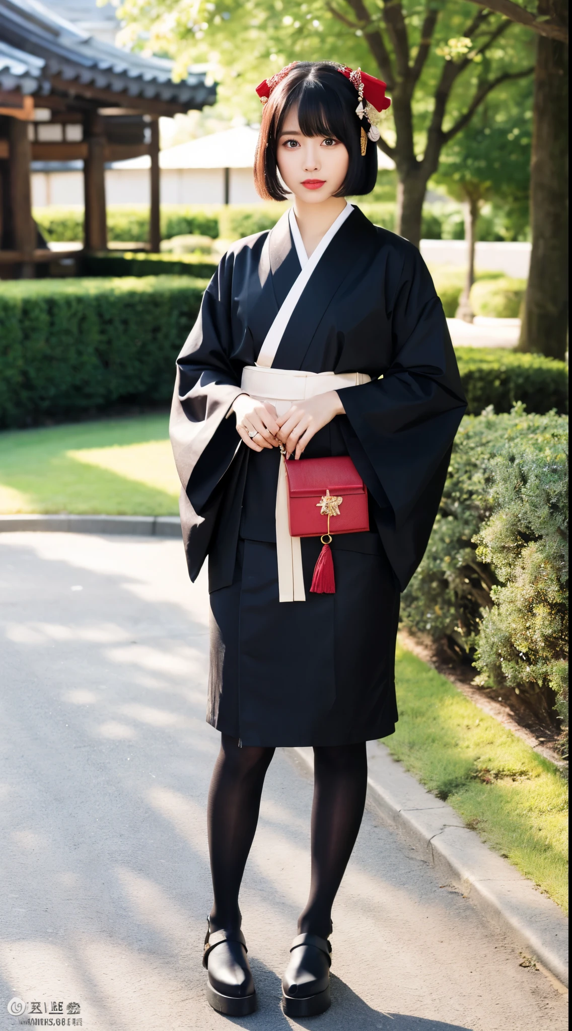 ulzzang-6500-v1.1, (RAW photo:1.2), (Photoreal), (genuine:1.4), (muste piece), Classy woman with perfect figure: 1.3, jet black hair、((Straight bob hair with neatly trimmed ends、bangs、red hair band))、(Wearing a dark purple furisode kimono with an elegant pattern)、standing with a closed fan、majestic hall々, (A murderous expression:1.2)、 highly detailed face and skin, fine eyes, double eyelid, ((full body shot:1.14))、wear short boots、
