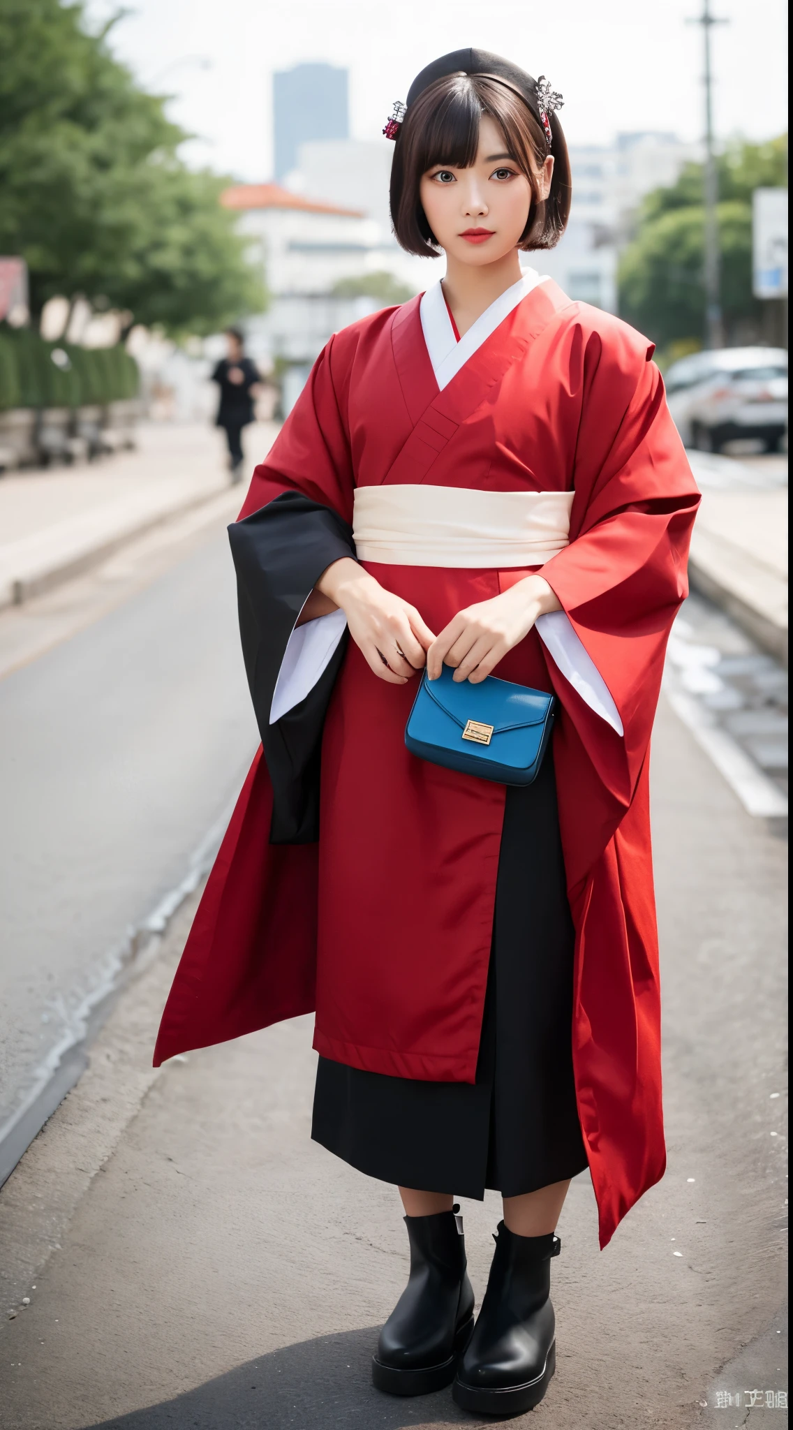 ulzzang-6500-v1.1, (RAW photo:1.2), (Photoreal), (genuine:1.4), (muste piece), Classy woman with perfect figure: 1.3, jet black hair、((Straight bob hair with neatly trimmed ends、bangs、red hair band))、(Wearing a dark purple furisode kimono with an elegant pattern)、standing with a closed fan、majestic hall々, (A murderous expression:1.2)、 highly detailed face and skin, fine eyes, double eyelid,  ((full body shot:1.14))、wear short boots、