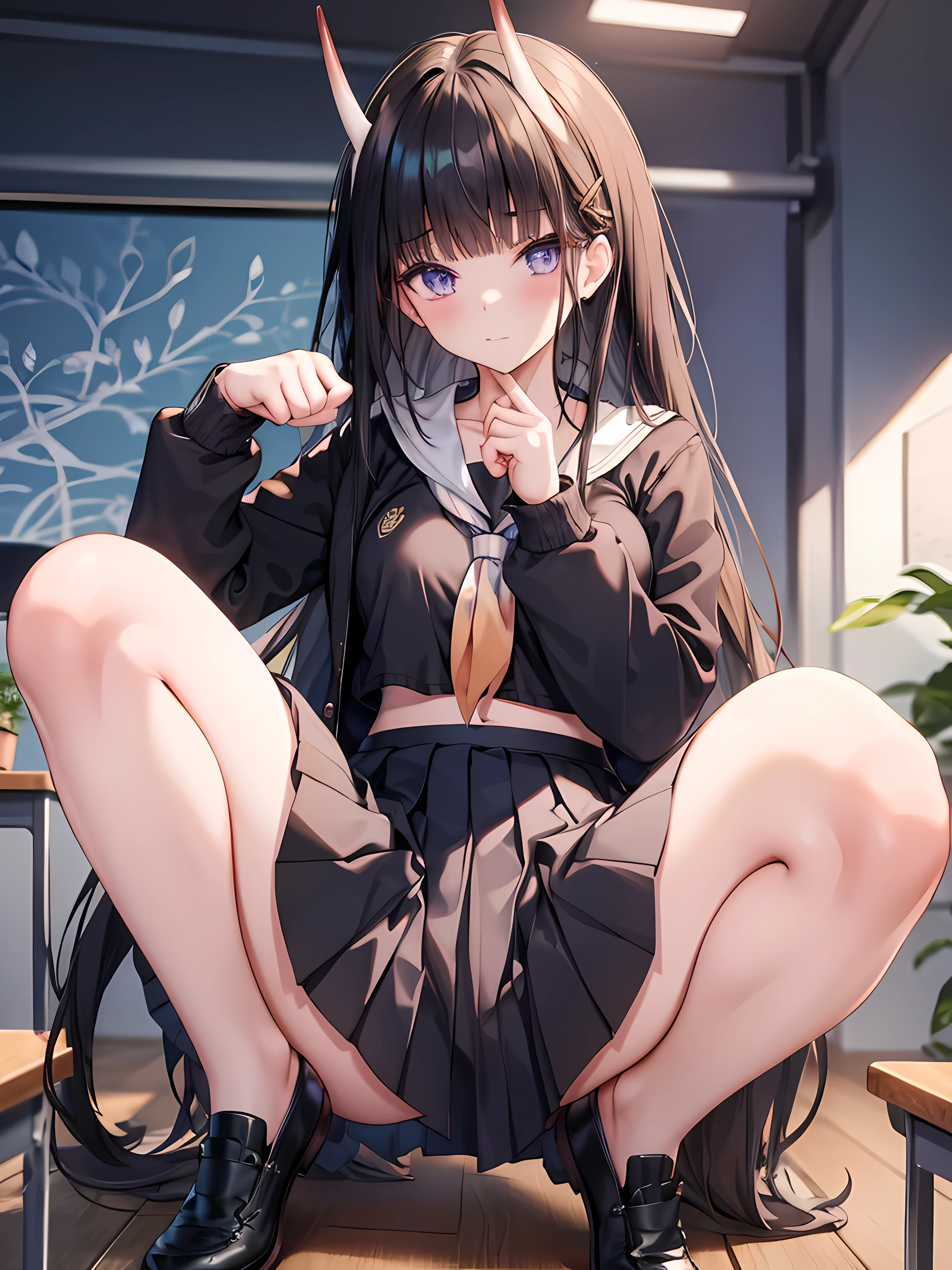 masterpiece, best quality, 1girl, solo, long hair, looking at viewer, skirt, black hair, school uniform, purple eyes, pantyhose, pleated skirt, horns, serafuku, cardigan, oni horns, open cardigan, black panty, floral lace undies, cameltoe, show panties, squatting sexily, open legs, spread legs, miniskirt, open legs squat, paw hand pose, sitting on chair, classroom, hypnotism, hypnotized
