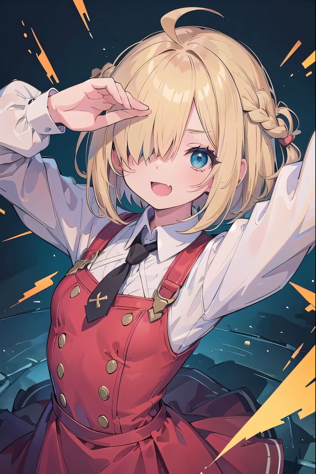 (masterpiece:1.2), (highest quality:1.2), perfect eyes, perfect face, perfect lighting, middle ages, prison, 1 boy,blonde Upper body, aqua eye, ((((((hair over one eye)))))), Braid Styles, spiked hair, blunt bangs, bob hair, a braid, Ahoge, (red dress), cute eyes, medium breast, glaring, open mouth, ((from above)), ((front)), open mouth, Vivid depiction, orgasm, scared, ((abs)) ahegao, smile+happy, fang