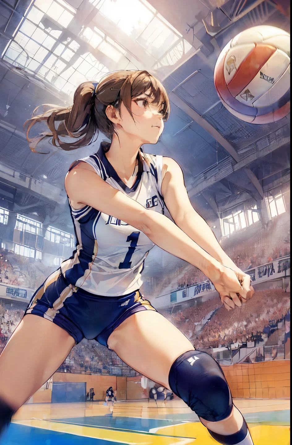 Only one female, /(Volleyball Uniforms/), Dynamic pose, /(Light brown hair/) bangs, (A look of determination, Turn your back), (Top quality masterpiece:1.2) Delicate illustrations with super detail, break /(Indoor volleyball court/)、Camel Toe、Giant tit、Nipple Puffs、Cleavage、Plump、Super big breasts、Super big butt