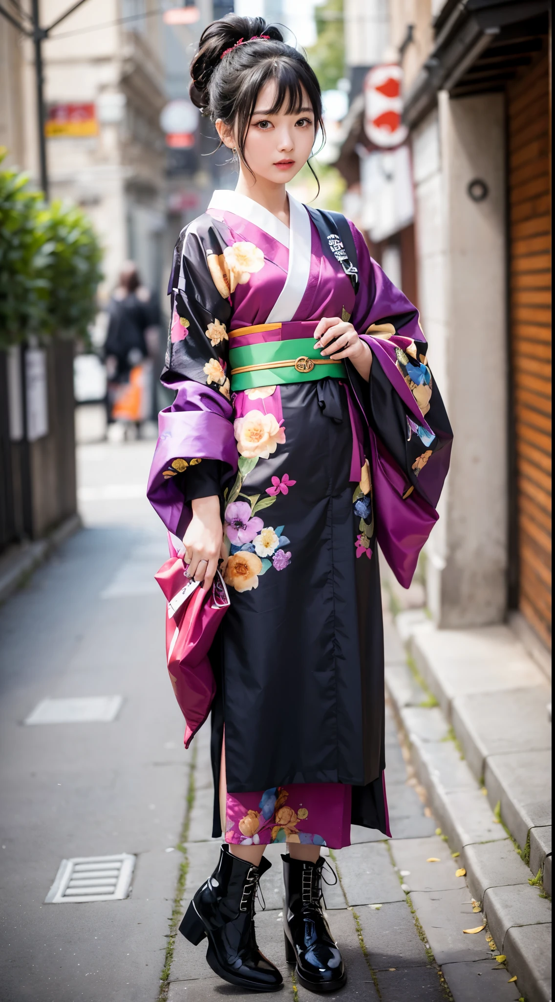 ulzzang-6500-v1.1, (RAW photo:1.2), (Photoreal), (genuine:1.4), (muste piece), Classy woman with perfect figure: 1.3, jet black hair、((Straight bob hair with neatly trimmed ends、bangs、red hair band))、(Wearing a dark purple furisode kimono with an elegant pattern)、standing with a closed fan、majestic hall々, (A murderous expression:1.2)、 highly detailed face and skin, fine eyes, double eyelid, ((full body shot:1.14))、wear short boots、
