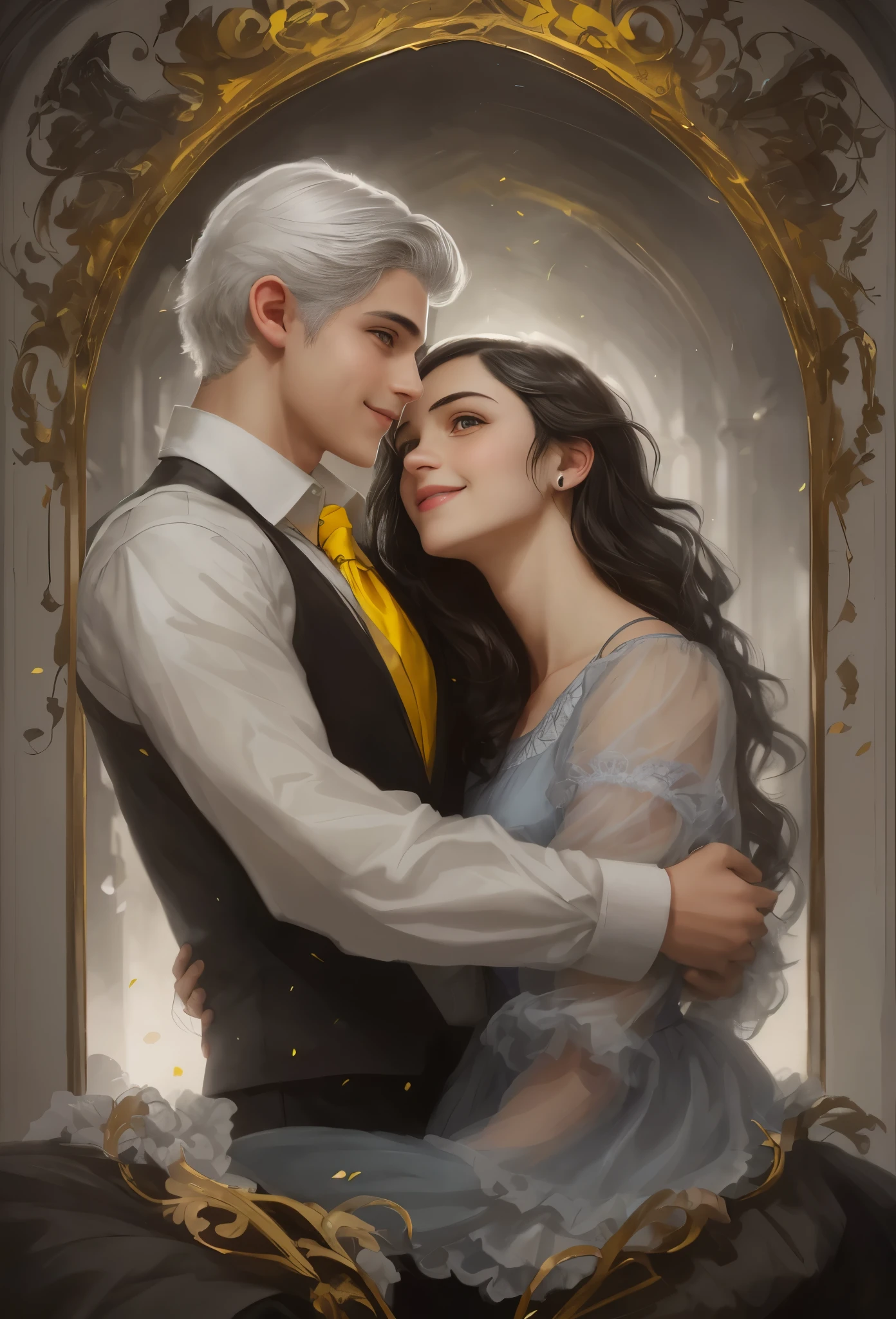 High resolution, portrait, boy and girl with dark hair, 18 years old, light gray hair, short haircut, yellow eyes, smile, crown, portrait, ballroom in the background, realism, fantasy
