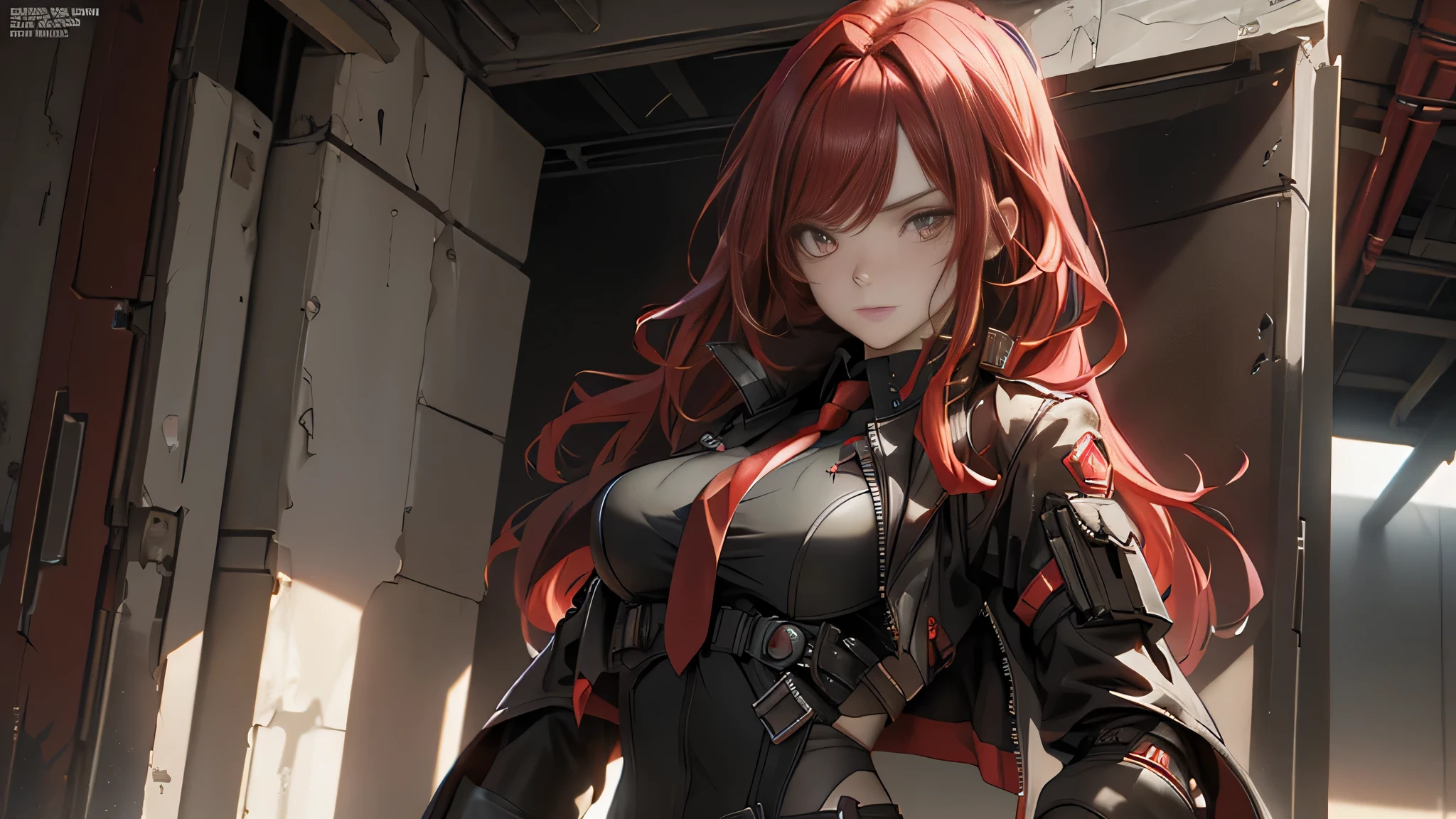 ((Best quality)), ((masterpiece)), (detailed:1.4), 3D, an image of a beautiful cyberpunk female, long burning red hair, burning hair, light brown eyes, red Barret, Black Soldier Shirt, Black under cloth, black panty, Grenade belt, Big chest, Big thigh, High thigh black knee sock, full view of girl, battlefield background, black combat boot, red necktie, black glove, black combat suit, black jacket, black cloak, black panty, ammo belt, HDR (High Dynamic Range),Ray Tracing,NVIDIA RTX,Super-Resolution,Unreal 5,Subsurface scattering,PBR Texturing,Post-processing,Anisotropic Filtering,Depth-of-field,Maximum clarity and sharpness,Multi-layered textures,Albedo and Specular maps,Surface shading,Accurate simulation of light-material interaction,Perfect proportions,Octane Render,Two-tone lighting,Wide aperture,Low ISO,White balance,Rule of thirds,8K RAW,