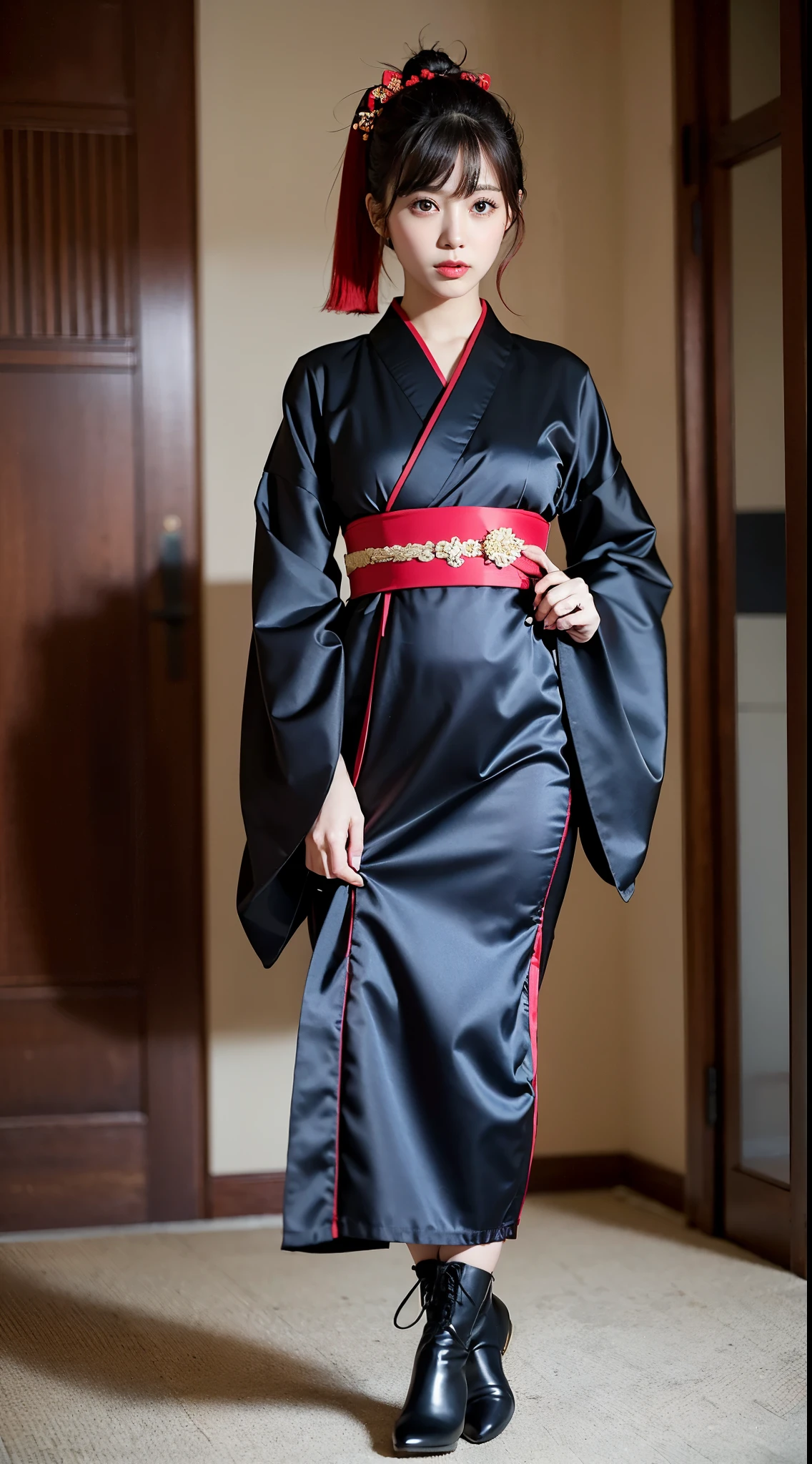 ulzzang-6500-v1.1, (RAW photo:1.2), (Photoreal), (genuine:1.4), (muste piece), Classy woman with perfect figure: 1.3, jet black hair、((Straight bob hair with neatly trimmed ends、bangs、red hair band))、(Wearing a dark purple furisode kimono with an elegant pattern)、standing with a closed fan、majestic hall々, (A murderous expression:1.2)、 highly detailed face and skin, fine eyes, double eyelid, ((full body shot:1.14))、wear short boots、