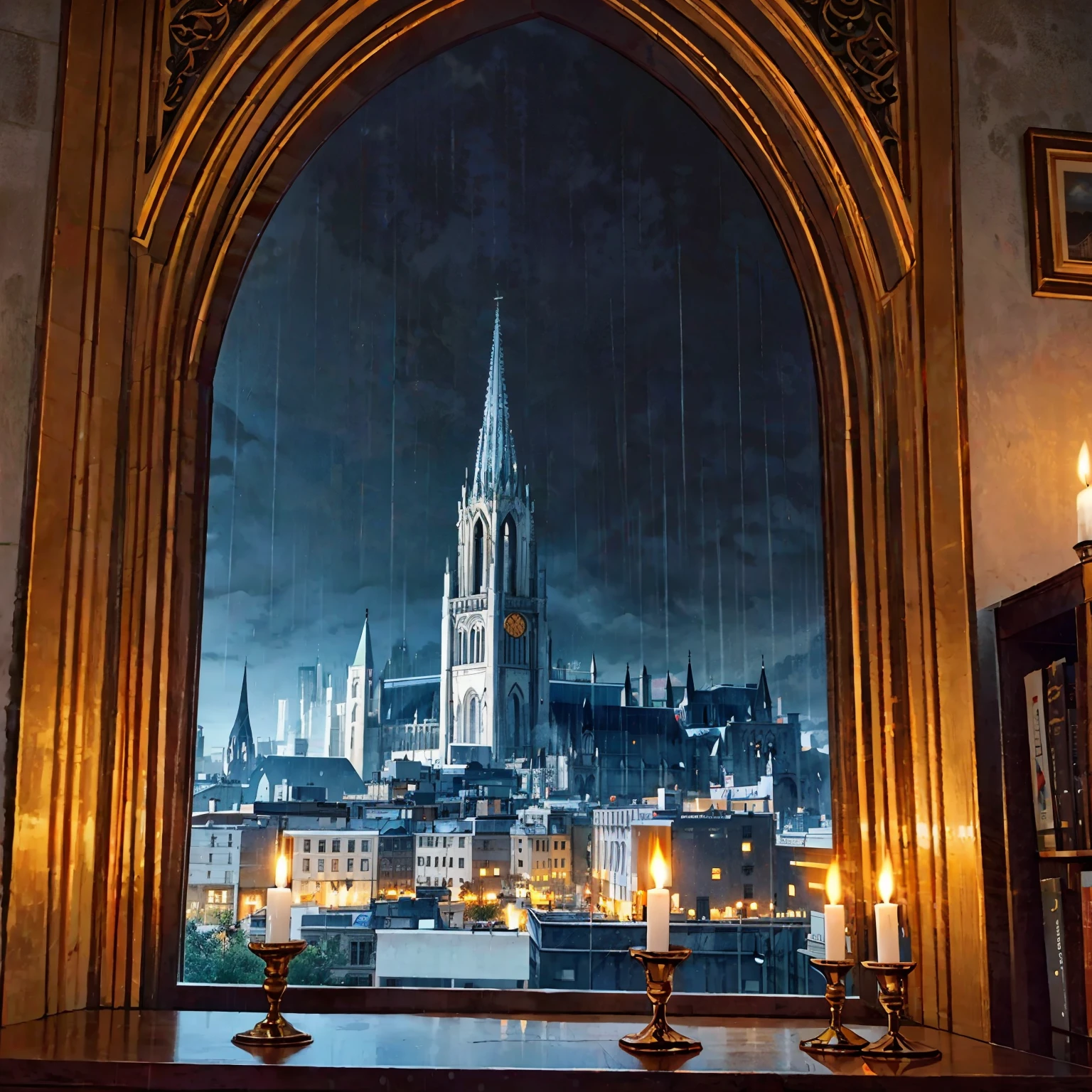 I'm looking at the Gothic city from the window of my apartment, there are books and candles around, it's raining outside and you can see the big cathedral, the city is nicely lit, there are big mountains in the distance
