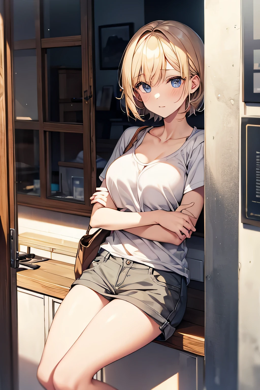 blonde、short hair、girl1、close up of face、thighs、window、morning、sunlight