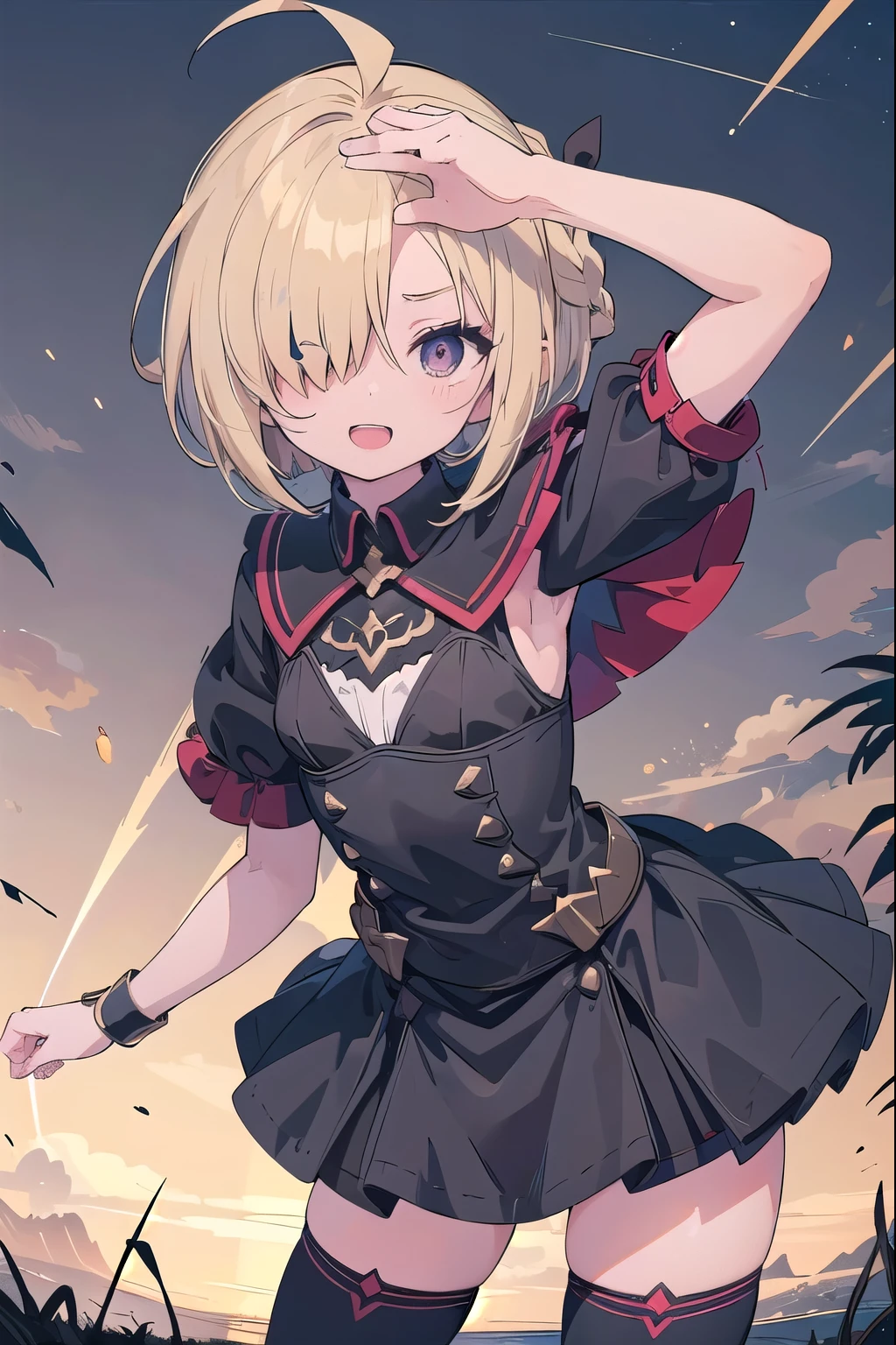 (masterpiece:1.2), (highest quality:1.2), perfect eyes, perfect face, perfect lighting, Medieval Lake 1 Boy,(blonde)　 (crimson eyes), ((((((hair over one eye,)))))), Braid style, spike hair, dull bangs, (bob hair), (a braid), Ahoge,skirt, Thighhighs (((black battle dress knight))), cute eyes, Medium chest, bright, open your mouth, turn your arms behind your back, vivid description, (contrappost), orgasm, I was scared, , ((abs)) Ahegao, smile+Happy, tooth,((glaring))