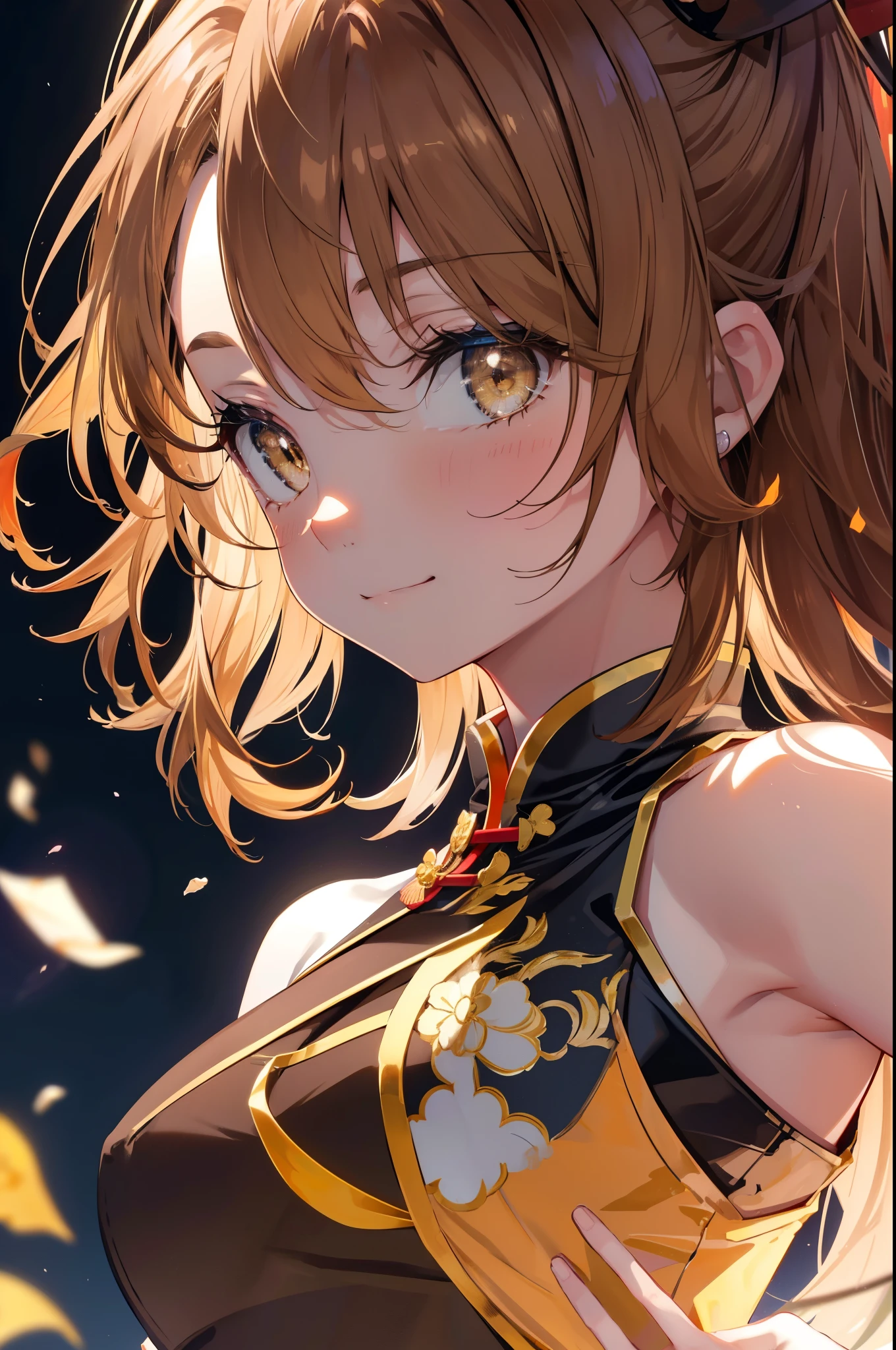 irohaisshiki, iroha isshiki, long hair, light brown hair, (brown eyes:1.5), fox girl,fox ears,fox tail,smile,blush,yellow dress, china dress, Chinese service, dress, air, hip vent, side long slit, No sleeve, No sleeve dress,stiletto heels,
break indoors, Chinese style restaurant,
break looking at viewer,
break (masterpiece:1.2), highest quality, High resolution, unity 8k wallpaper, (figure:0.8), (detailed and beautiful eyes:1.6), highly detailed face, perfect lighting, Very detailed CG, (perfect hands, perfect anatomy),