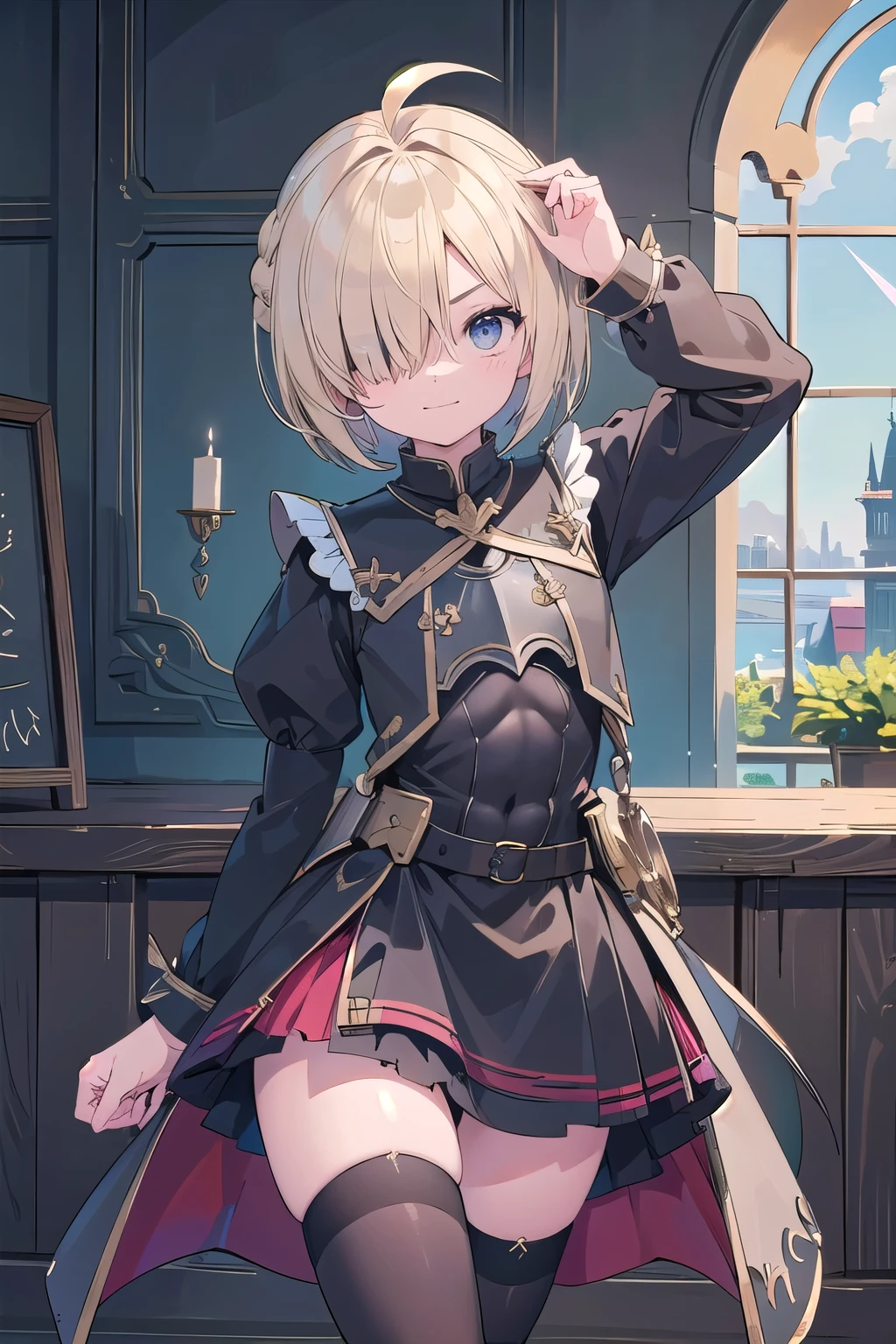 (masterpiece:1.2), (highest quality:1.2), perfect eyes, perfect face, perfect lighting, Medieval Lake 1 Boy,(blonde)　 (crimson eyes), ((((((hair over one eye,)))))), Braid style, spike hair, dull bangs, (bob hair), (a braid), Ahoge,skirt, Thighhighs (((black battle dress knight))), cute eyes, Medium chest, bright, open your mouth, turn your arms behind your back, vivid description, (contrappost), ((abs)) smile+Happy, tooth,((glaring)), Upper body