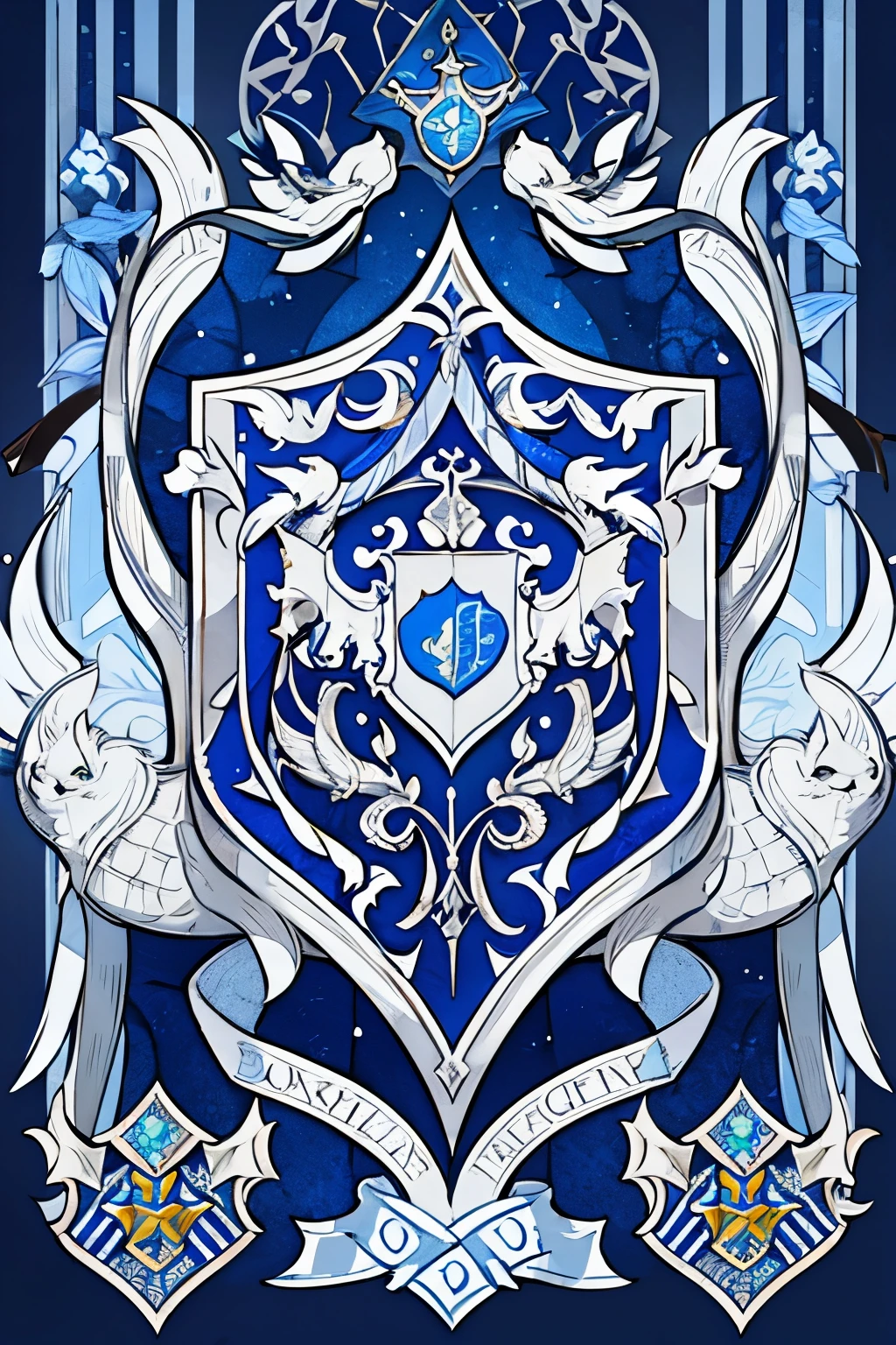 ( coat of arms design) dragon in the center of the shield, a silver and blue shield with a stylized design on it, shield design, fantasy shield, blue and silver armor, blue and silver coat of arms, shield emblem, royal coat of arms, sword, dragon symbol, coat of arms