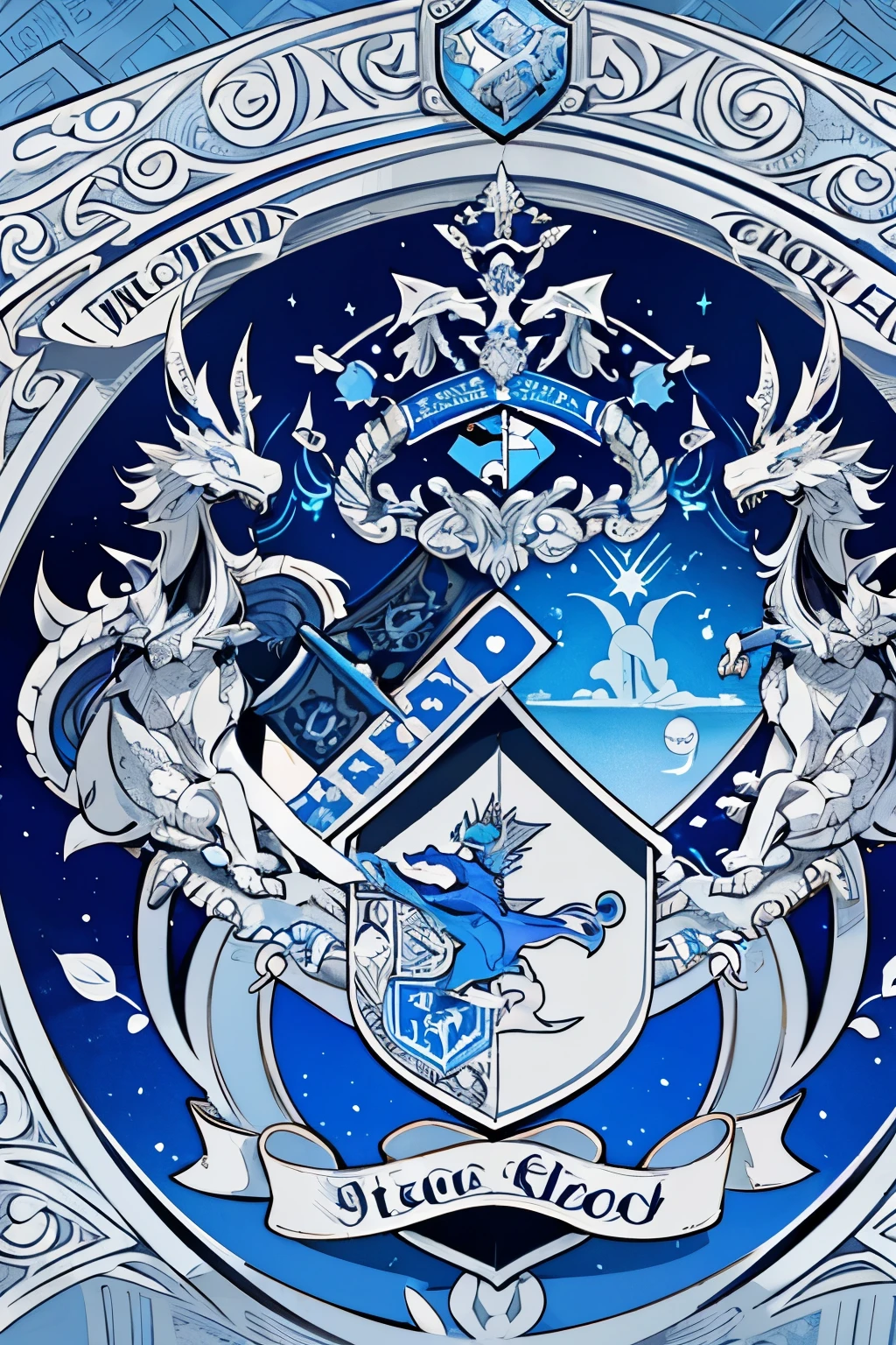 ( coat of arms design) dragon in the center of the shield, a silver and blue shield with a stylized design on it, shield design, fantasy shield, blue and silver armor, blue and silver coat of arms, shield emblem, royal coat of arms, sword, dragon symbol, coat of arms