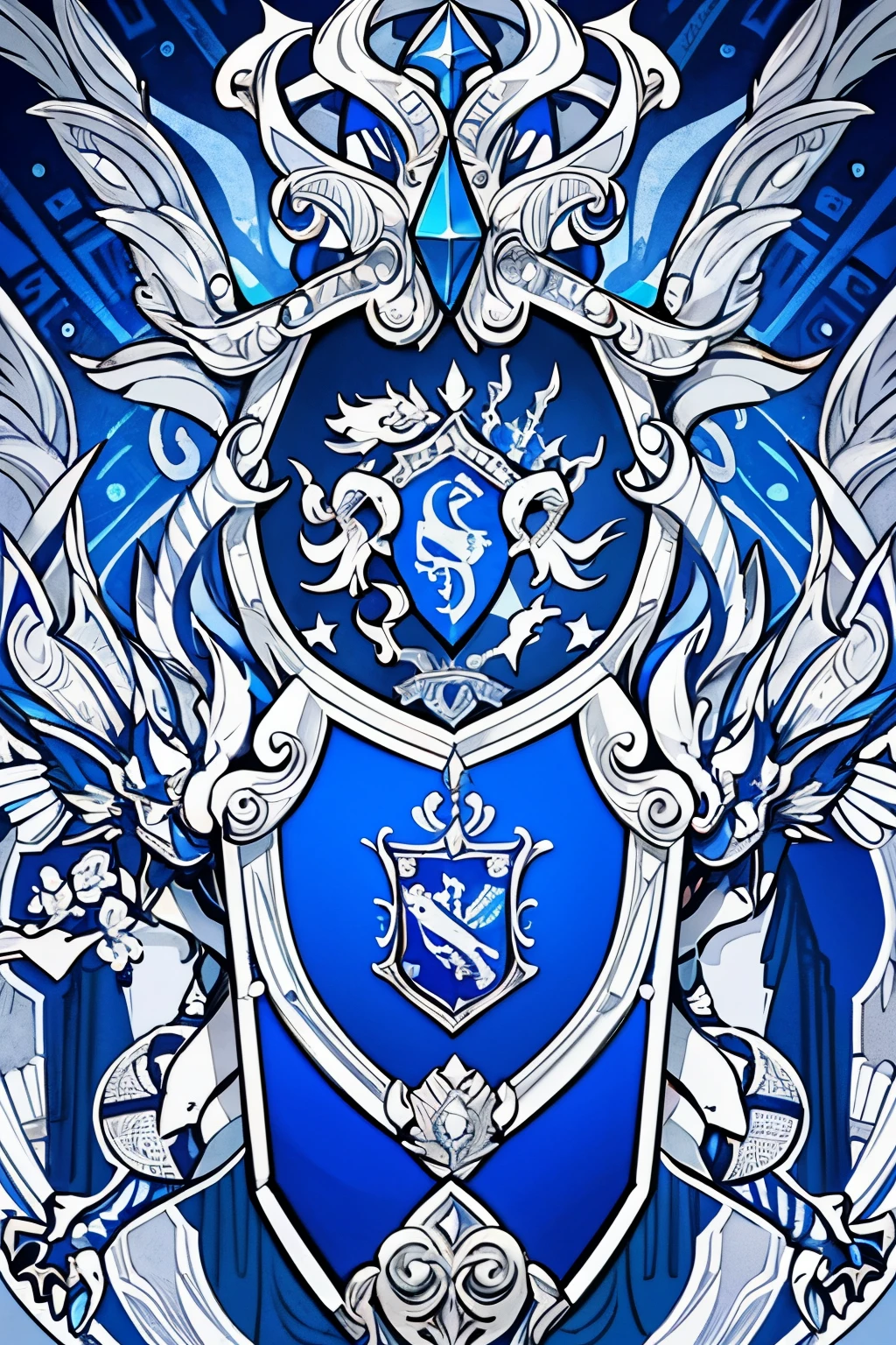 ( coat of arms design) dragon in the center of the shield, a silver and blue shield with a stylized design on it, shield design, fantasy shield, blue and silver armor, blue and silver coat of arms, shield emblem, royal coat of arms, sword, dragon symbol, coat of arms