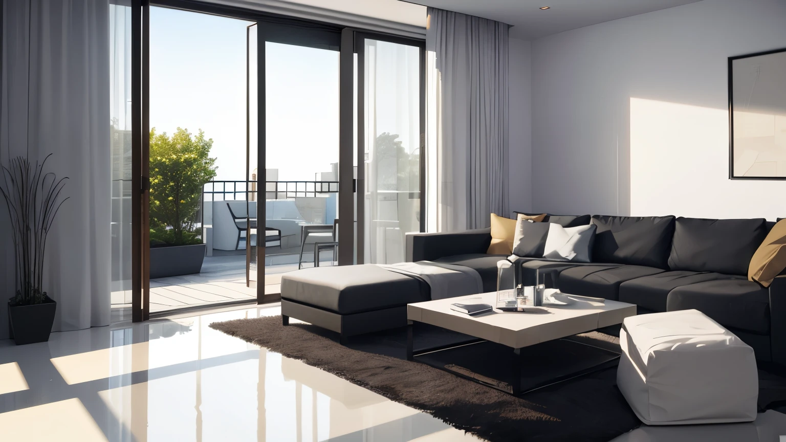 you are a famous interior designer、I was asked to create a 3D image of a large modern room.。. Create a harmonious environment with modern and minimalist furniture. Including garden interior.