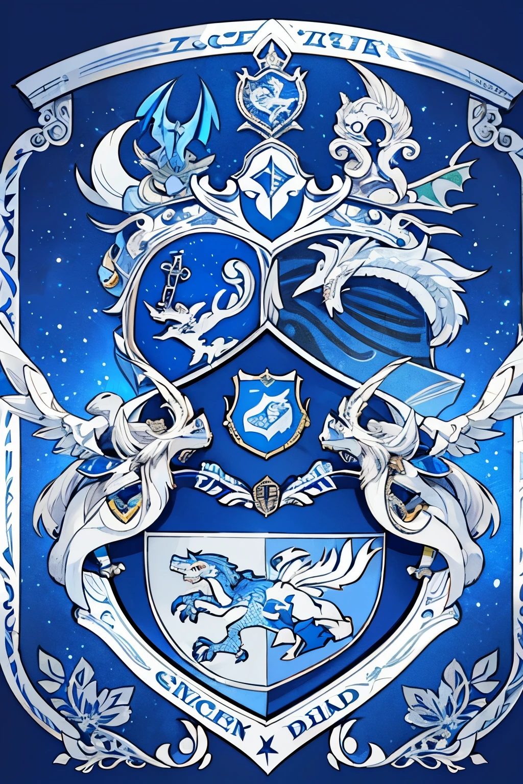 ( coat of arms design) dragon in the center of the shield, a silver and blue shield with a stylized design on it, shield design, fantasy shield, blue and silver armor, blue and silver coat of arms, shield emblem, royal coat of arms, sword, dragon symbol, coat of arms