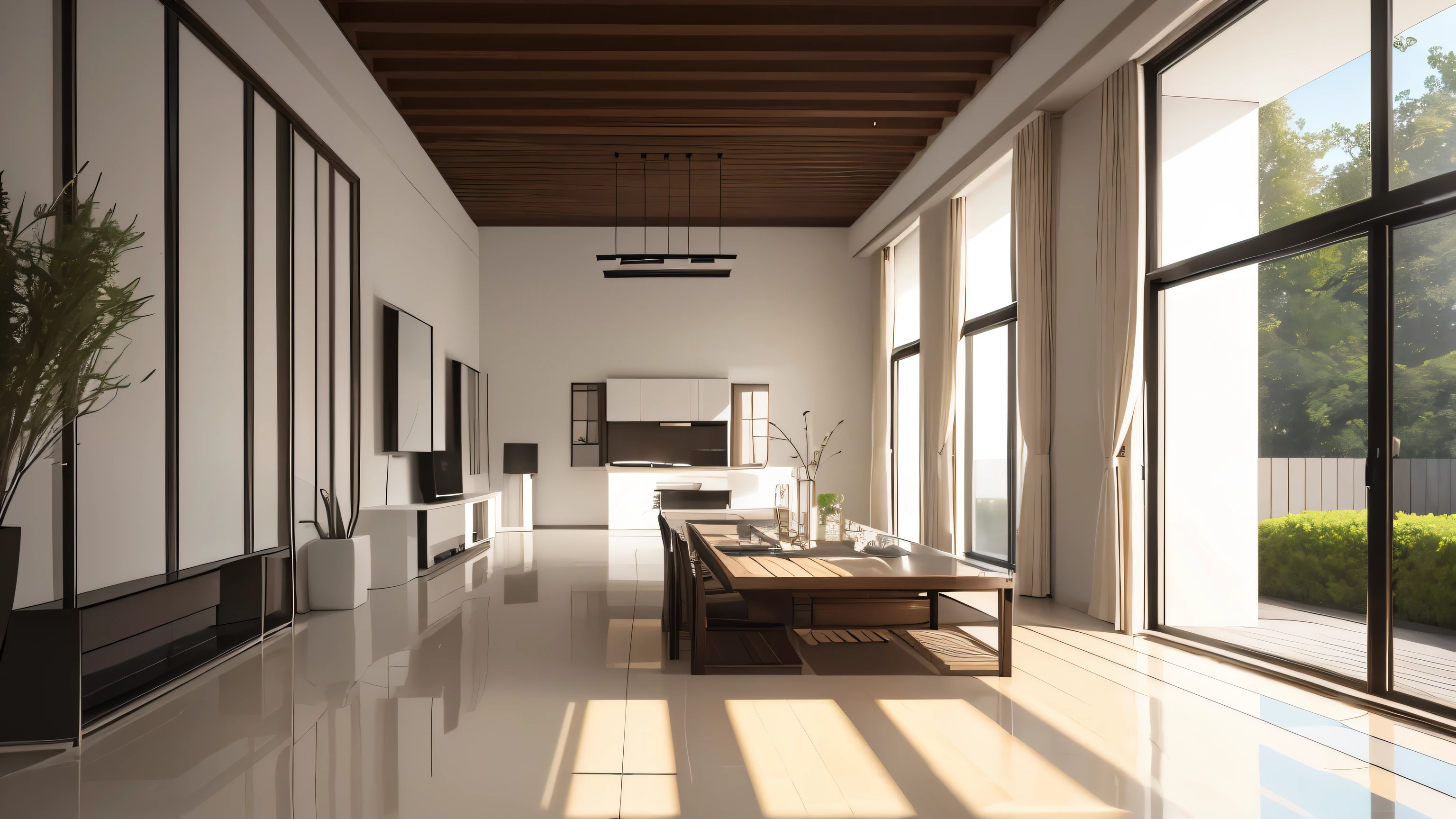you are a famous interior designer、I was asked to create a 3D image of a large modern room.。. Create a harmonious environment with modern and minimalist furniture. Including garden interior.