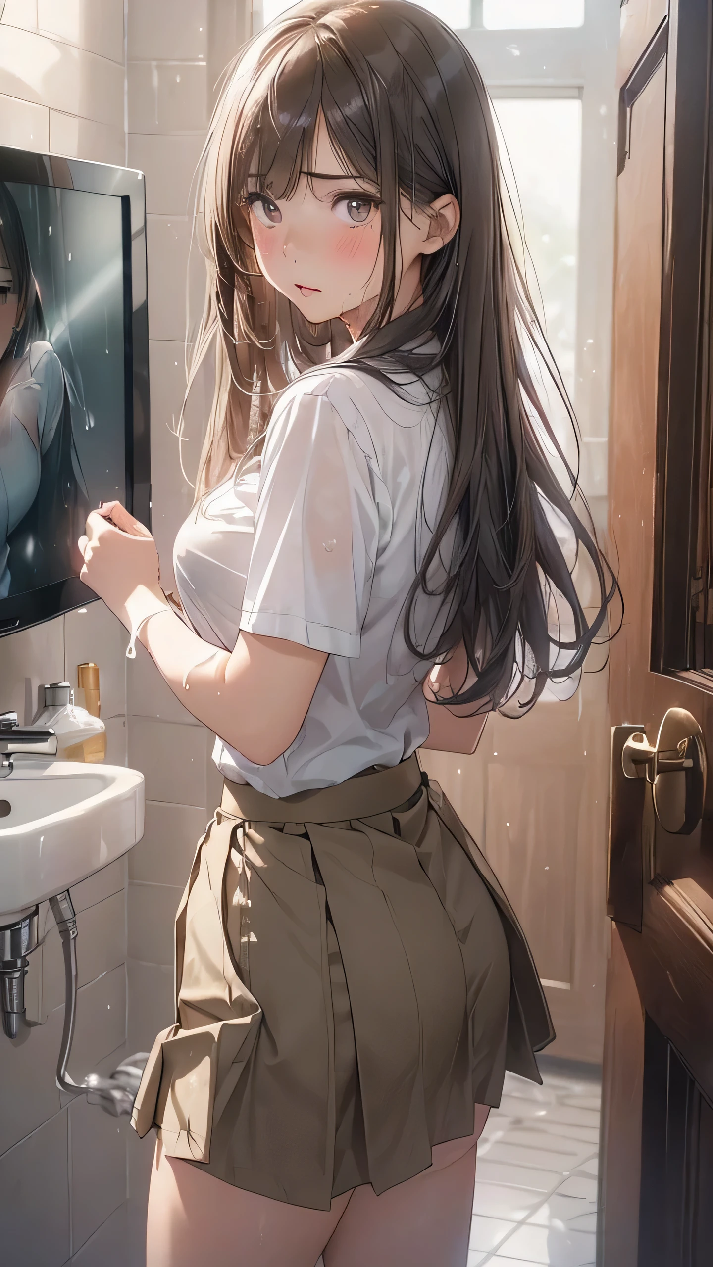 (8K、Highest image quality、highest quality、masterpiece)、detailed face、1 girl、black hair、((forehead:1.1))、gray eyes、long hair、blush、angry、open mouth、Moderate chest、((white shirt))、((open clothes))、((white bra))、((white panties))、cowboy shot、look back、Turn your back、Take a photo from behind、((Change of clothes))、locker room background
