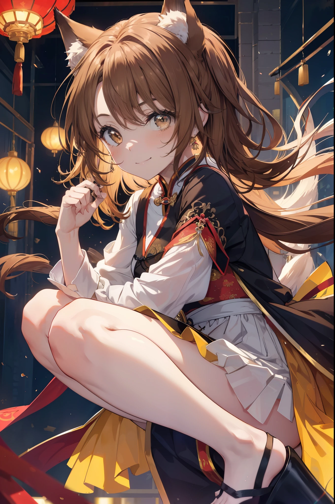 irohaisshiki, iroha isshiki, long hair, light brown hair, (brown eyes:1.5), fox girl,fox ears,fox tail,smile,blush,yellow dress, china dress, Chinese service, dress, air, hip vent, side long slit, No sleeve, No sleeve dress,stiletto heels,
break indoors, Chinese style restaurant,
break looking at viewer,
break (masterpiece:1.2), highest quality, High resolution, unity 8k wallpaper, (figure:0.8), (detailed and beautiful eyes:1.6), highly detailed face, perfect lighting, Very detailed CG, (perfect hands, perfect anatomy),