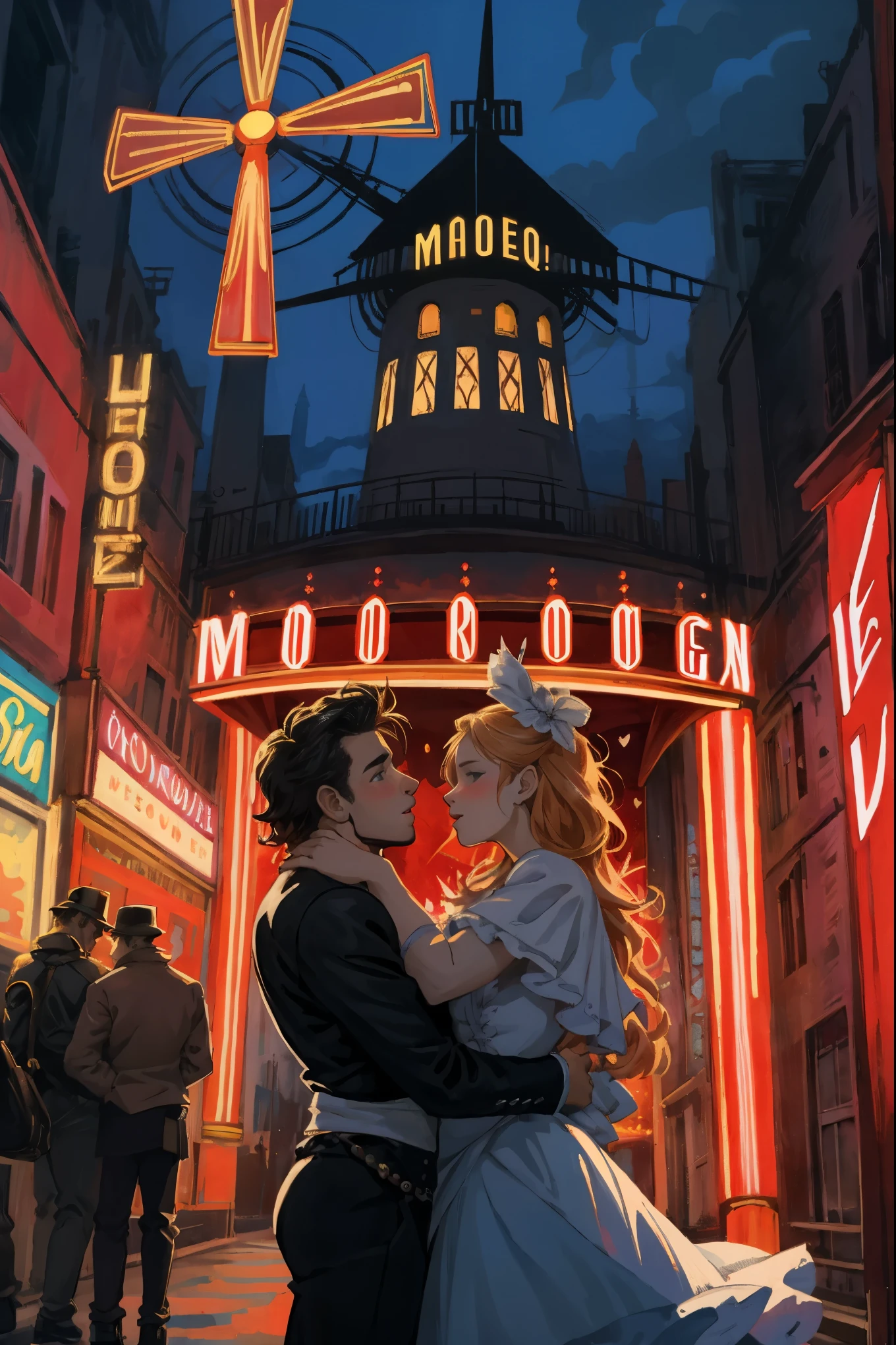 arafed image of a couple in a city street at night, moulin rouge!, moulin rouge, movie artwork, concept art of love, movie art, movie poster painting, bestselling movie art poster, romance novel cover, martin ansin, inspired by Vincent Lefevre, belle epoque, neo - romanticism, neo-romanticism, raphaël,