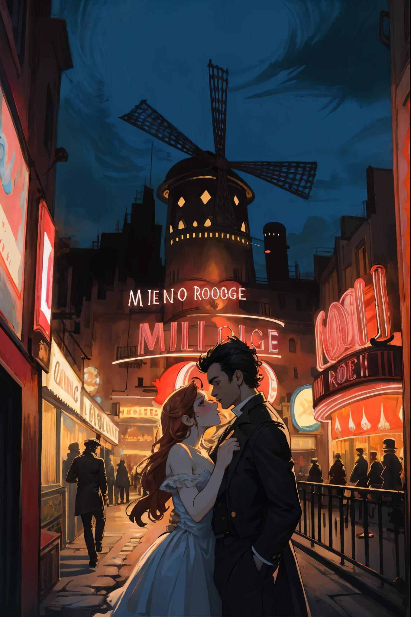arafed image of a couple in a city street at night, moulin rouge!, moulin rouge, movie artwork, concept art of love, movie art, movie poster painting, bestselling movie art poster, romance novel cover, martin ansin, inspired by Vincent Lefevre, belle epoque, neo - romanticism, neo-romanticism, raphaël,