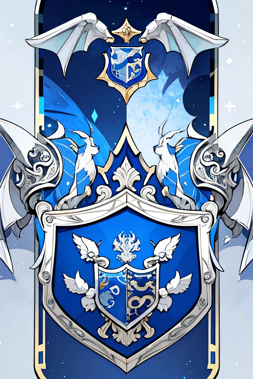( coat of arms design) dragon in the center of the shield, a silver and blue shield with a stylized design on it, shield design, fantasy shield, blue and silver armor, blue and silver coat of arms, shield emblem, royal coat of arms, sword, dragon symbol, coat of arms