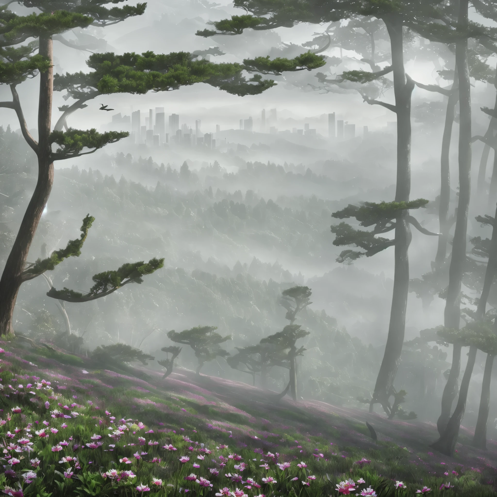 fantastic, forest on cliff, fluttering petals, hazy background, SF city in hazy distance