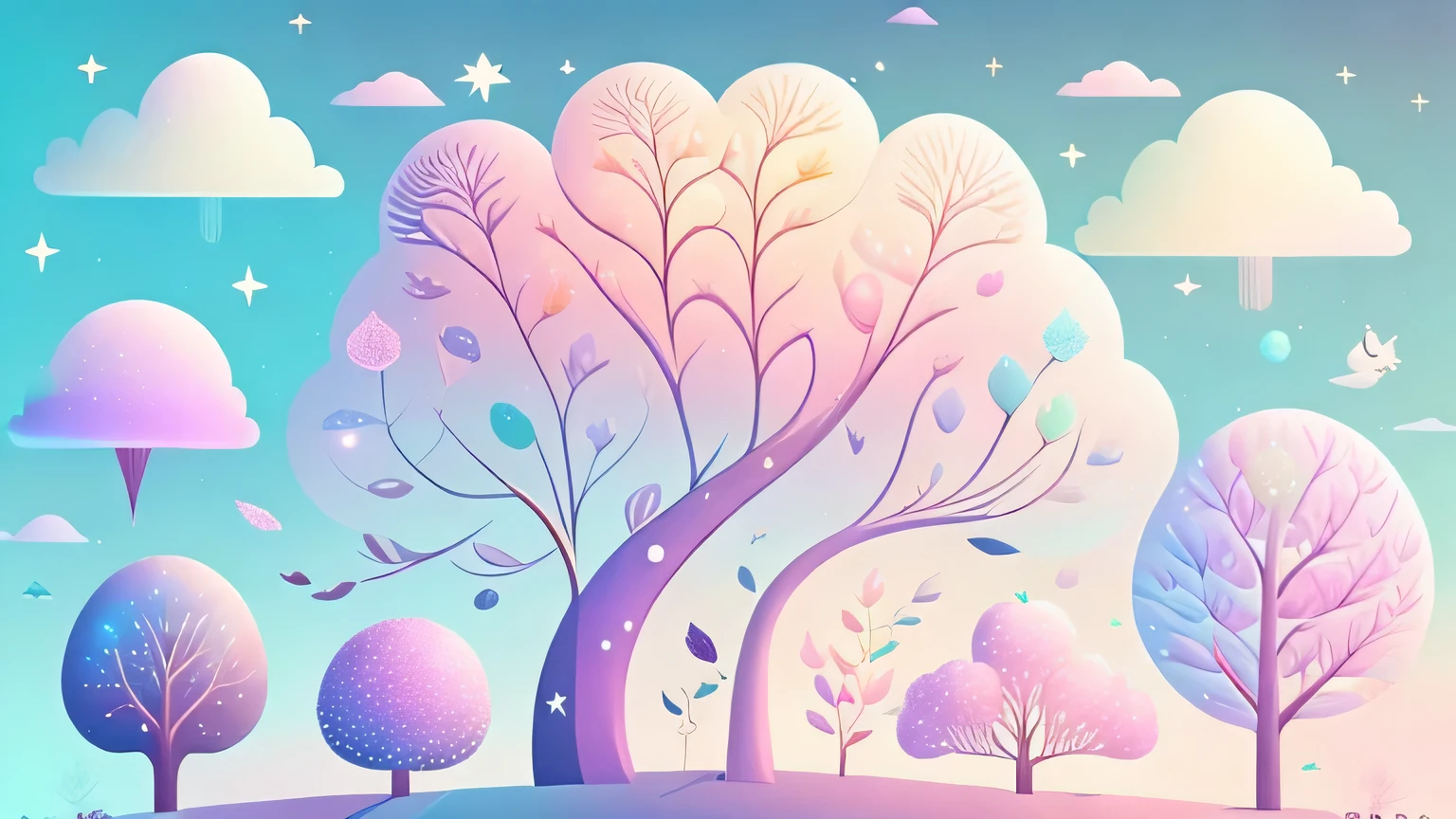 Various beautiful trees, cartoon illustration, sky in a gradient of pastel colors with twinkling stars. Immerse yourself in a mystical world full of magical elements (weighted at 0.9).