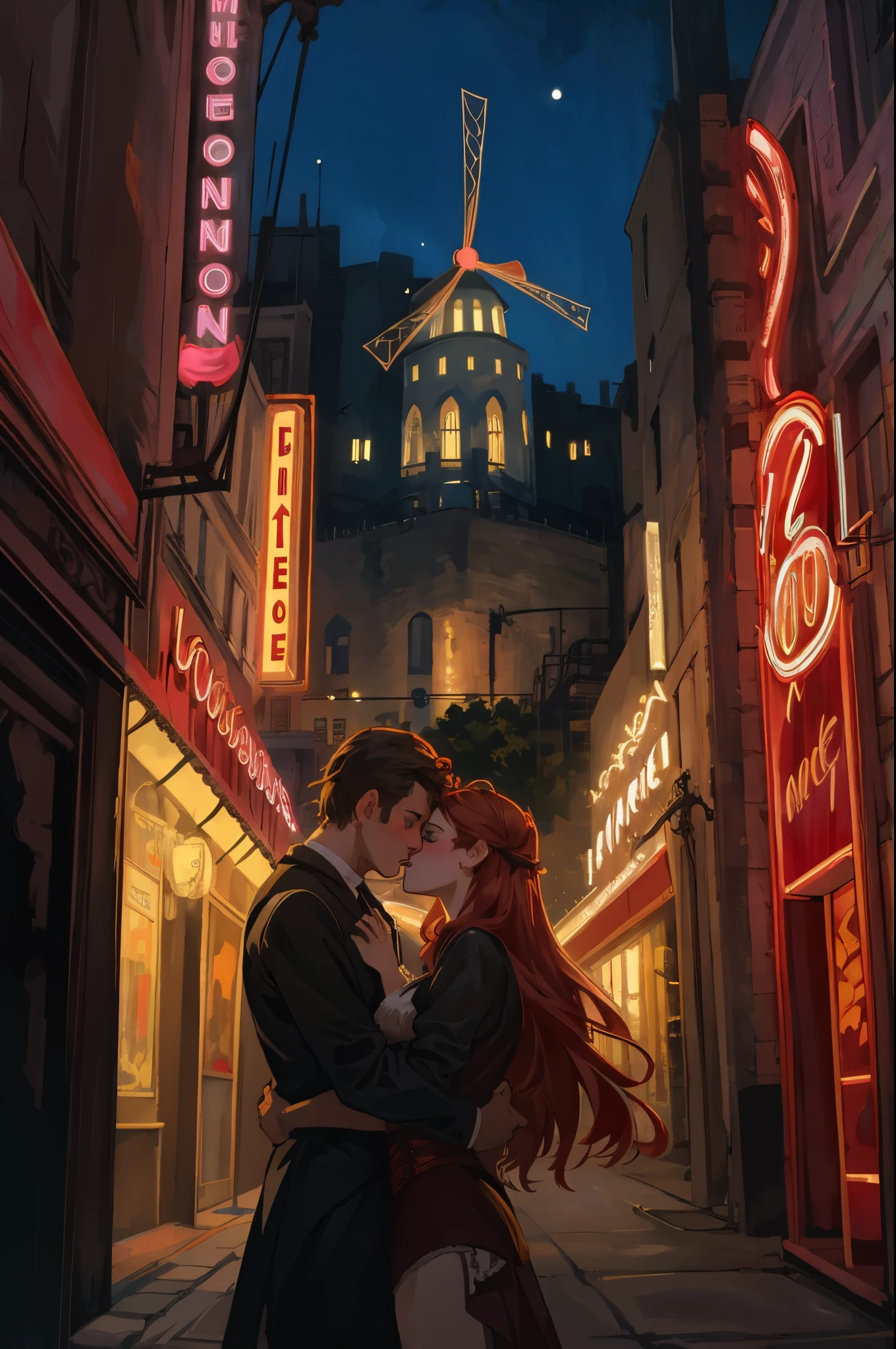arafed image of a couple in a city street at night, moulin rouge!, moulin rouge, movie artwork, concept art of love, movie art, movie poster painting, bestselling movie art poster, romance novel cover, martin ansin, inspired by Vincent Lefevre, belle epoque, neo - romanticism, neo-romanticism, raphaël,