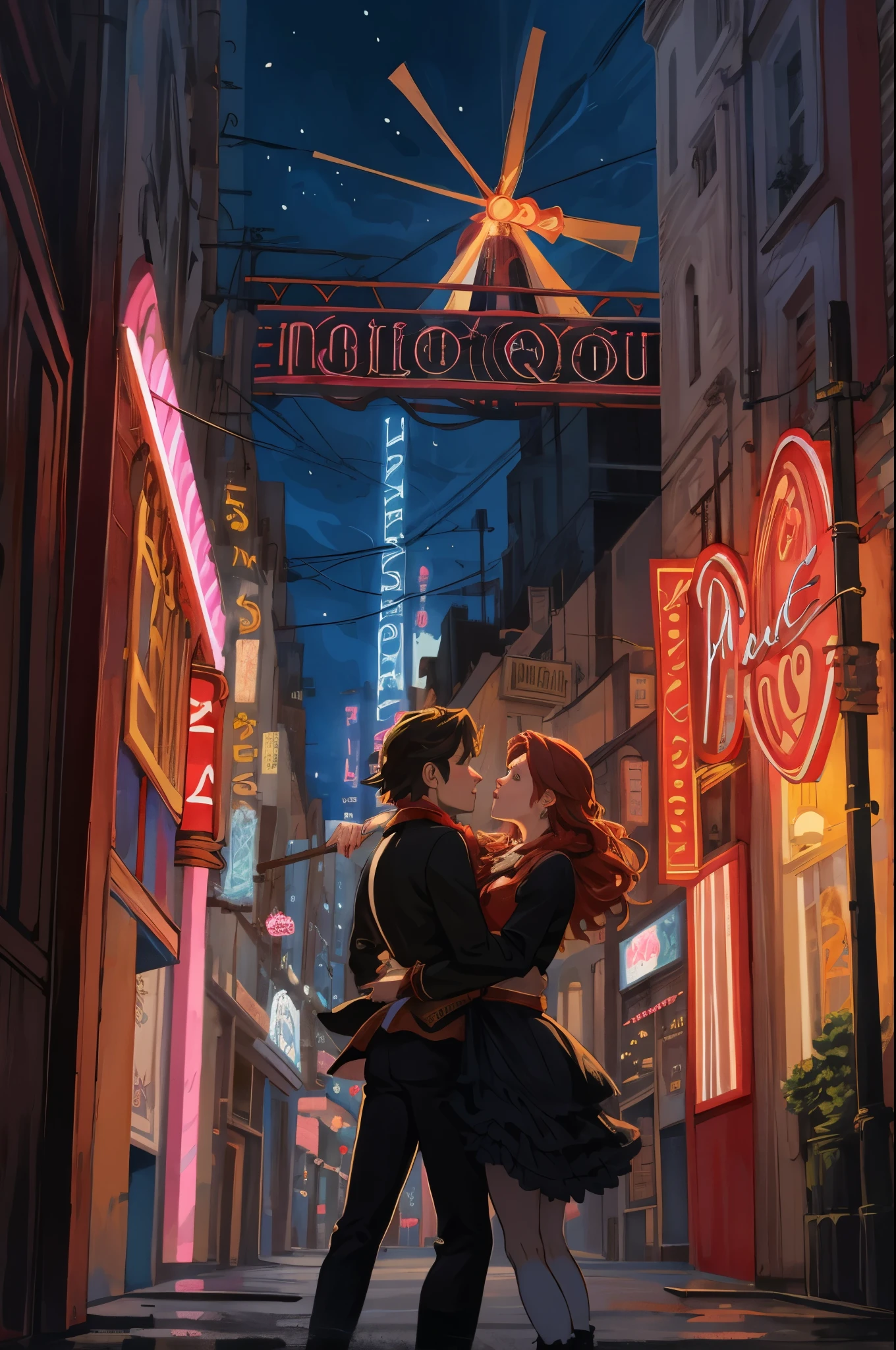 arafed image of a couple in a city street at night, moulin rouge!, moulin rouge, movie artwork, concept art of love, movie art, movie poster painting, bestselling movie art poster, romance novel cover, martin ansin, inspired by Vincent Lefevre, belle epoque, neo - romanticism, neo-romanticism, raphaël,