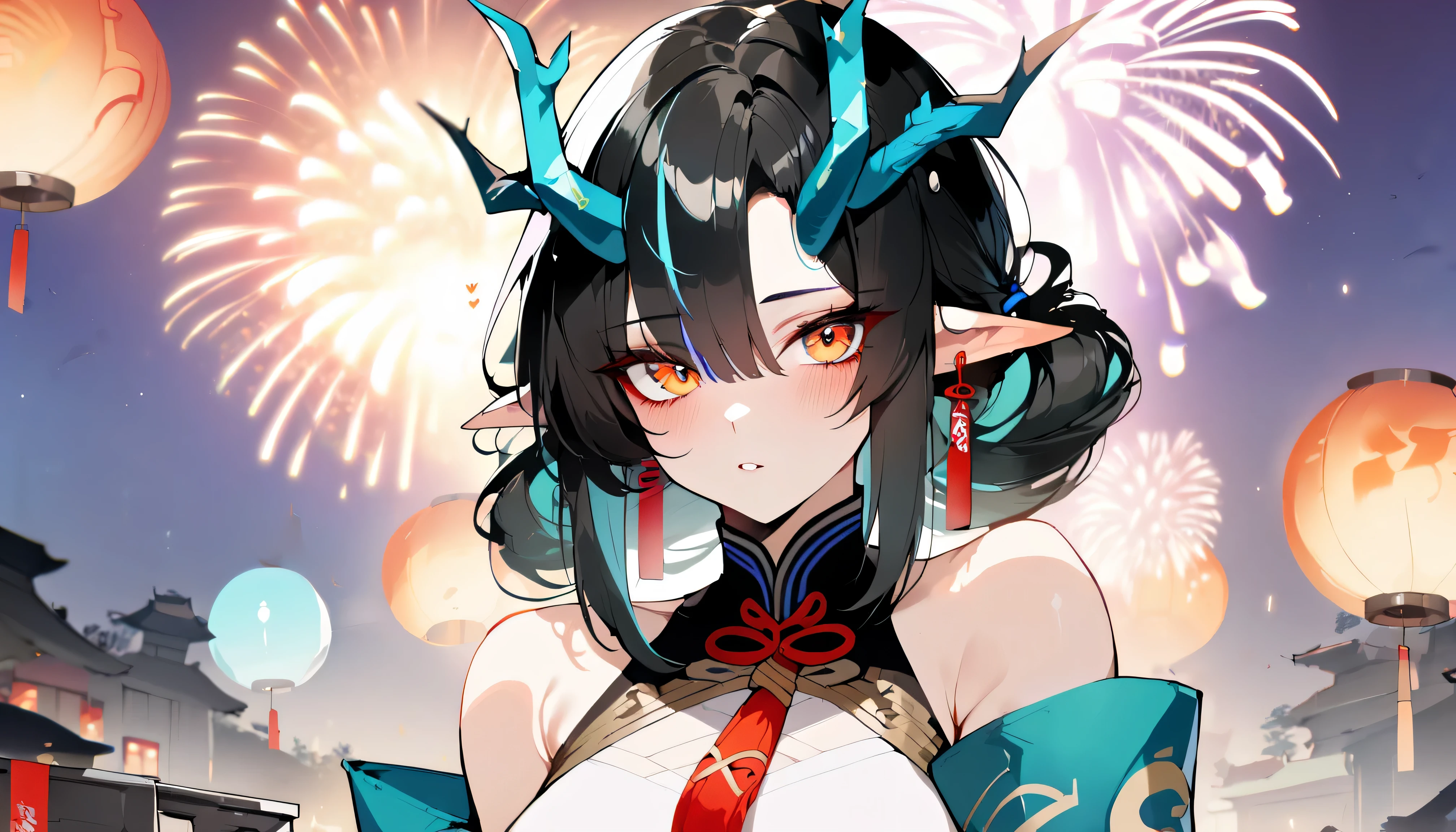 1 girl, twilight \(it's all a miracle\) \(arknights\), arknightasterpiece, Best quality), newest, ,turquoise chinese dress, Original outfit, , from the nanny, black hair, horns, author: omone hokoma agm, , night, fireworks, orange eyes,detailed eyes, Perfect eyes, close-up,Cute, blush
