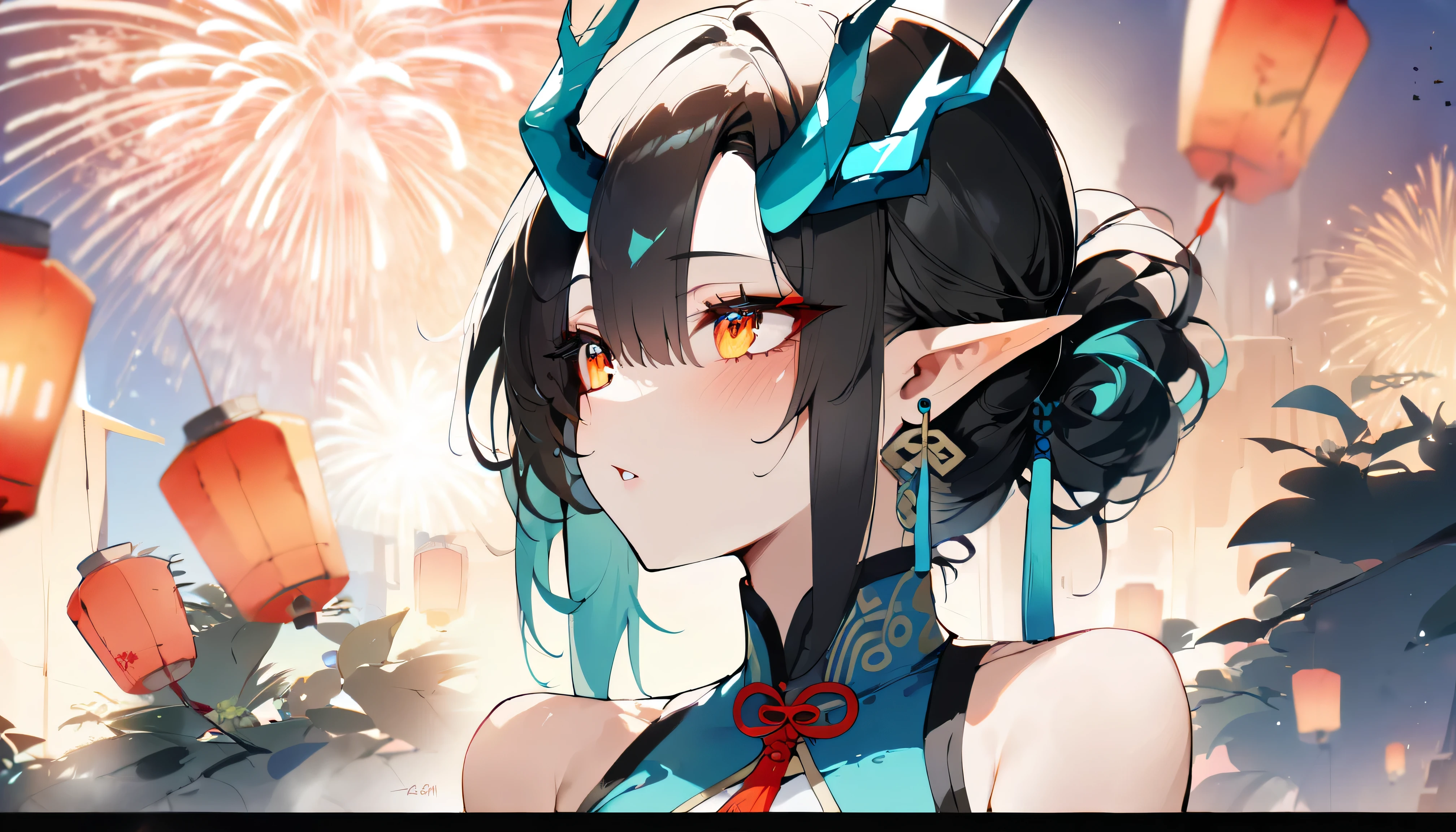 1 girl, twilight \(it&#39;s all a miracle\) \(arknights\), arknightasterpiece, Best quality), newest, ,turquoise chinese dress, Original outfit, , from the nanny, black hair, horns, author: omone hokoma agm, , night, fireworks, orange eyes,detailed eyes, Perfect eyes, close-up,Cute, blush