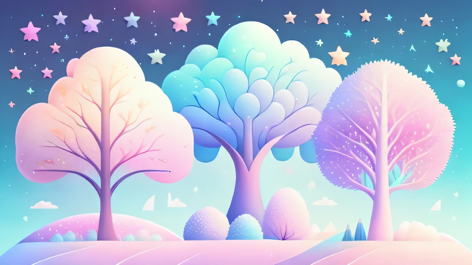 Various beautiful trees, cartoon illustration, sky in a gradient of pastel colors with twinkling stars. Immerse yourself in a mystical world full of magical elements (weighted at 0.9).