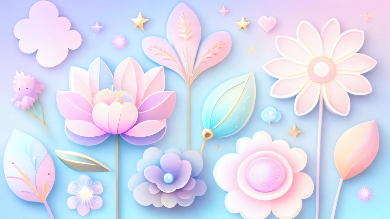 "Various flowers, cartoon illustration, sky in a gradient of pastel colors with twinkling stars. Immerse yourself in a mystical world full of magical elements (weighted at 0.9)."