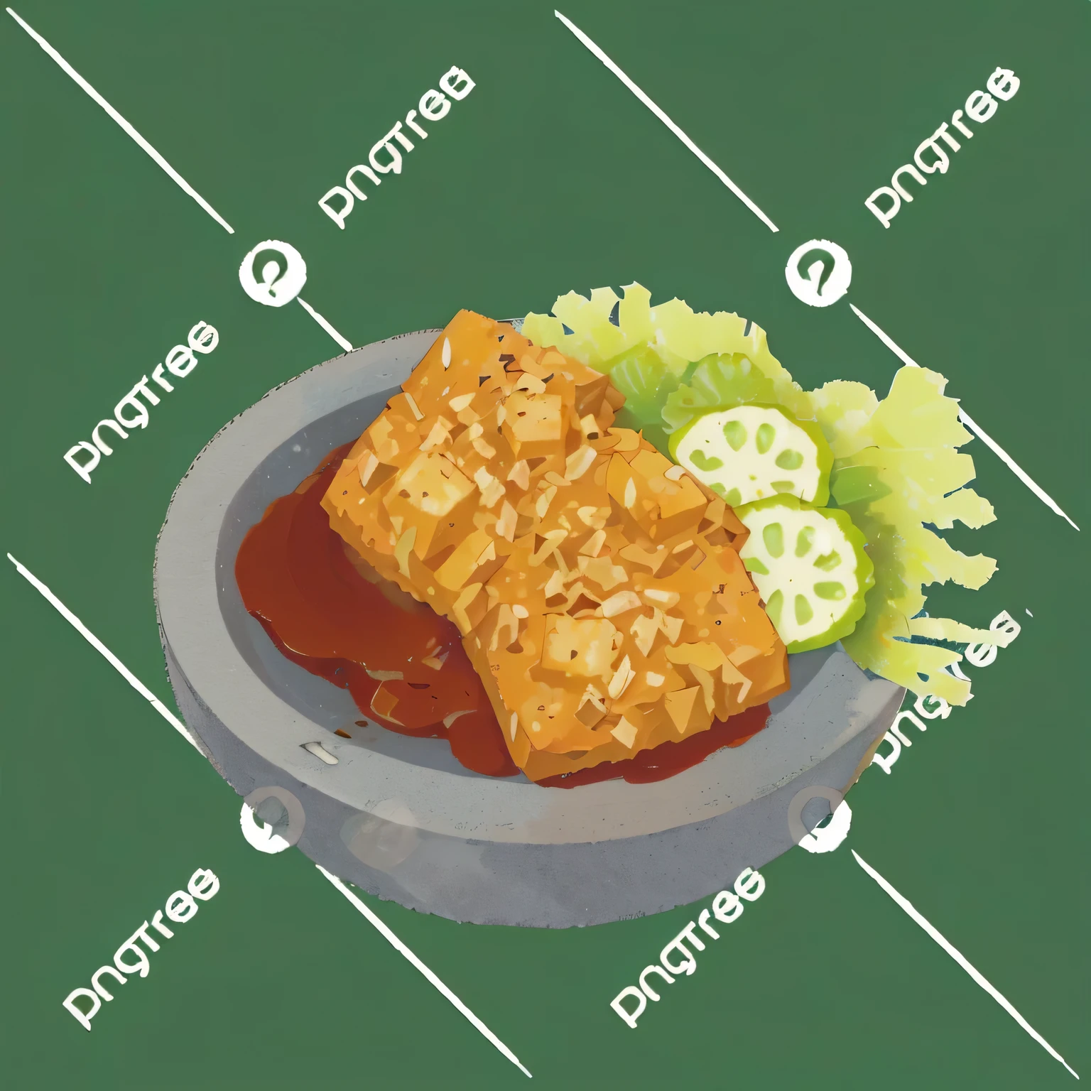 there is a plate of food with a piece of soy tempeh and vegetables, mapo tofu cartoon, lineless, made with illustrator, simple illustration, lowres, flat illustration, luscious patty with sesame seeds, detailed 2d illustration, one sandwich with fried tofu, made in adobe illustrator, daopao, rendering, 2. 5 d illustration, [ digital art ]!!