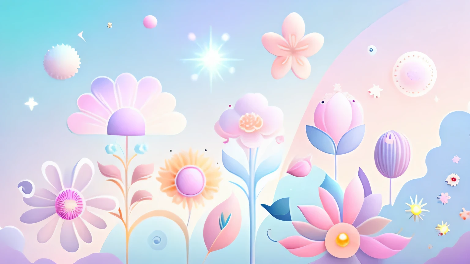 "Various flowers, cartoon illustration, sky in a gradient of pastel colors with twinkling stars. Immerse yourself in a mystical world full of magical elements (weighted at 0.9)."