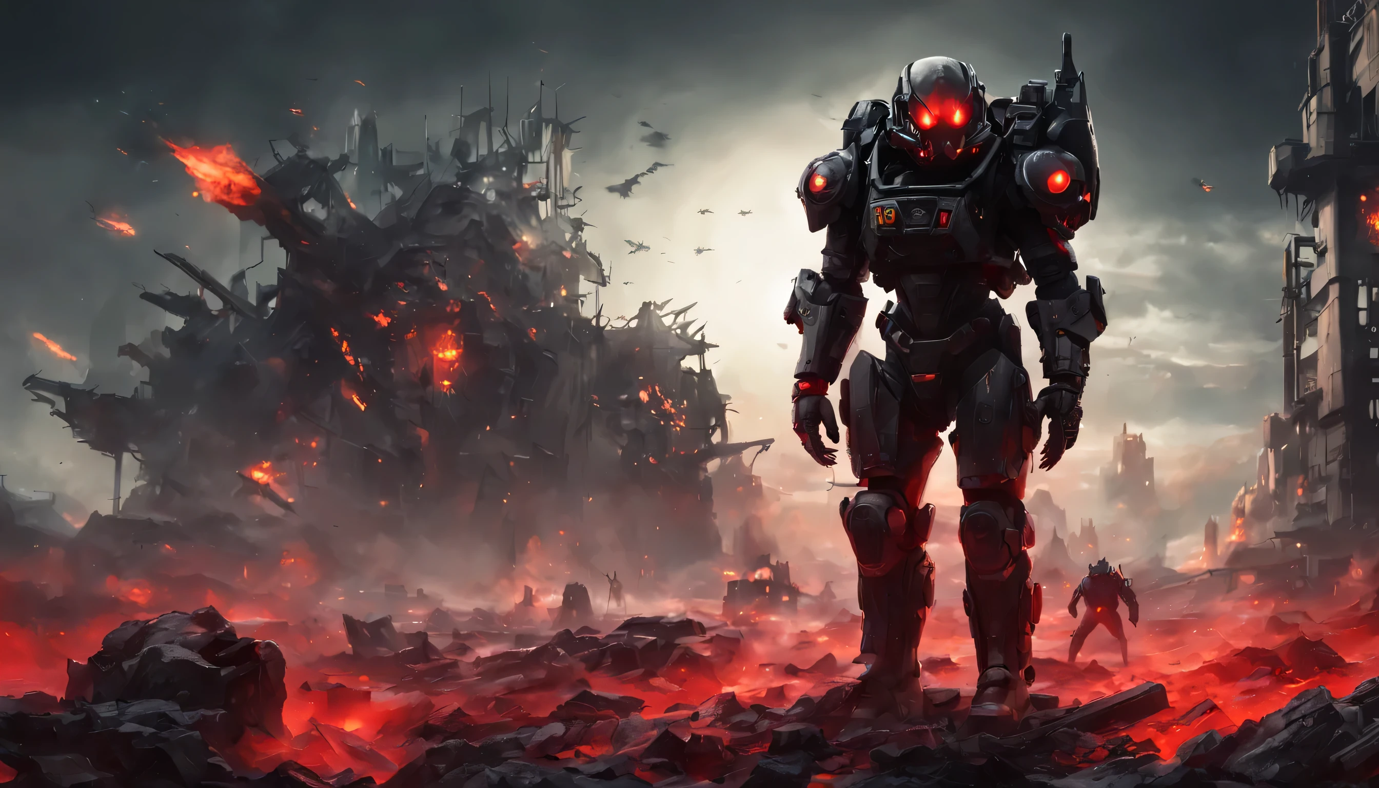 Black cat in military style power armor on the battlefield at night, everything is painted red, flames in the background, Alien Planet, destroyed buildings, wreckage, smoke, Skulls and bones on the ground