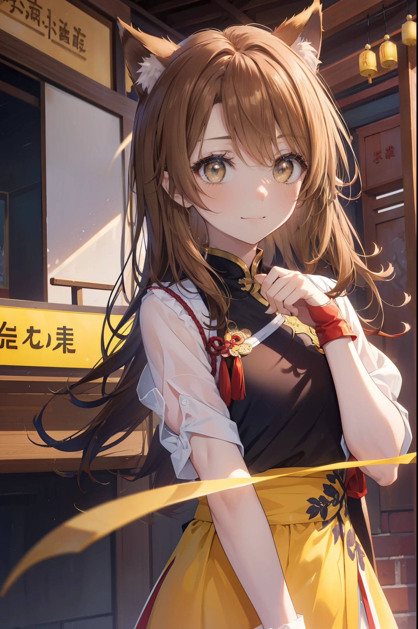 irohaisshiki, iroha isshiki, long hair, light brown hair, (brown eyes:1.5), fox girl,fox ears,fox tail,smile,blush,yellow dress, china dress, Chinese service, dress, air, hip vent, side long slit, No sleeve, No sleeve dress,stiletto heels,
break indoors, Chinese style restaurant,
break looking at viewer,
break (masterpiece:1.2), highest quality, High resolution, unity 8k wallpaper, (figure:0.8), (detailed and beautiful eyes:1.6), highly detailed face, perfect lighting, Very detailed CG, (perfect hands, perfect anatomy),