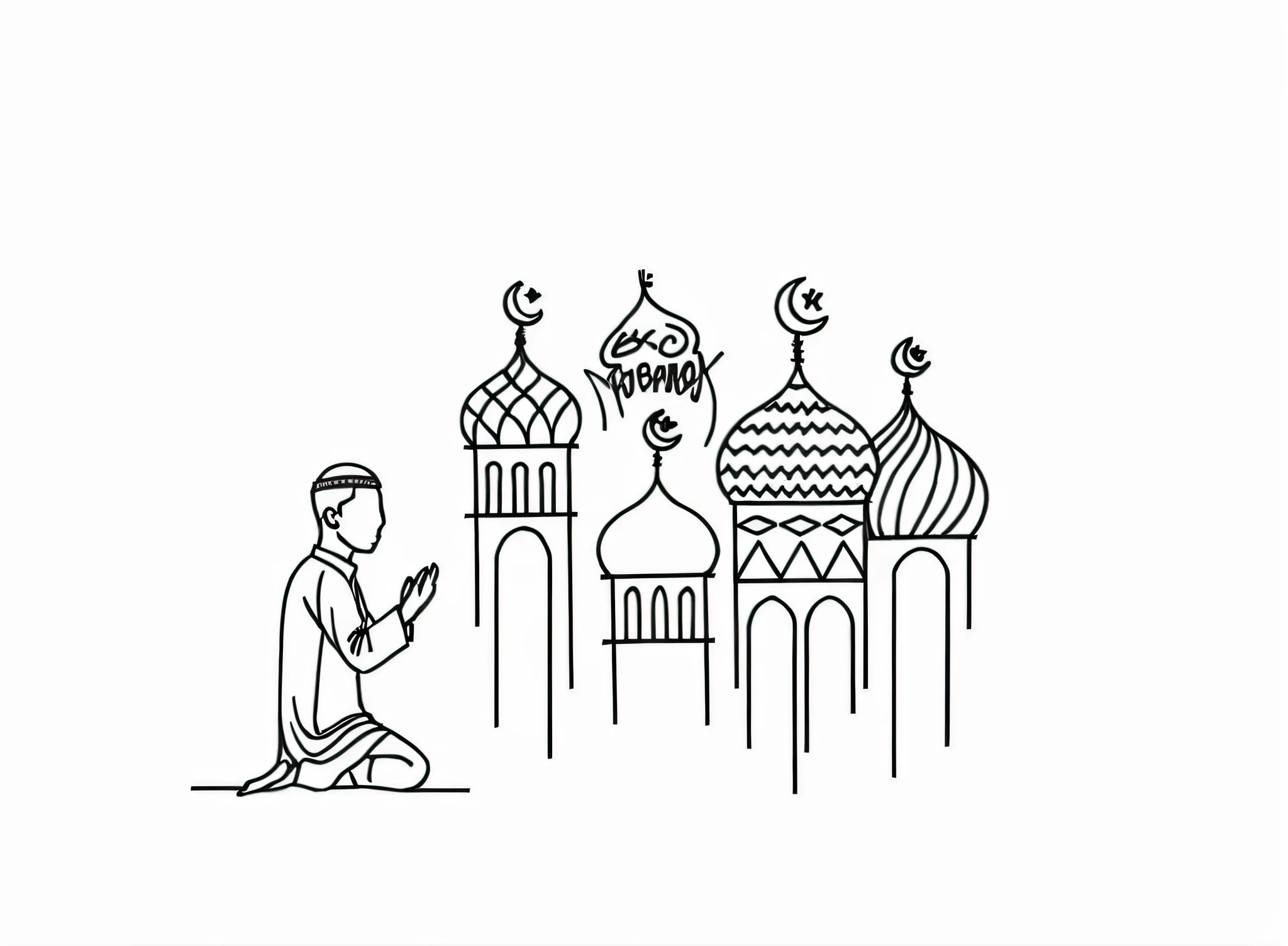 a black and white drawing of a man kneeling in front of a mosque, he is in a mosque, simple illustration, trump praying in mosque, mosque, linear illustration, simple and clean illustration, muslim, islamic, flat illustration, praying, line art illustration, 256x256, 2 5 6 x 2 5 6, sufism