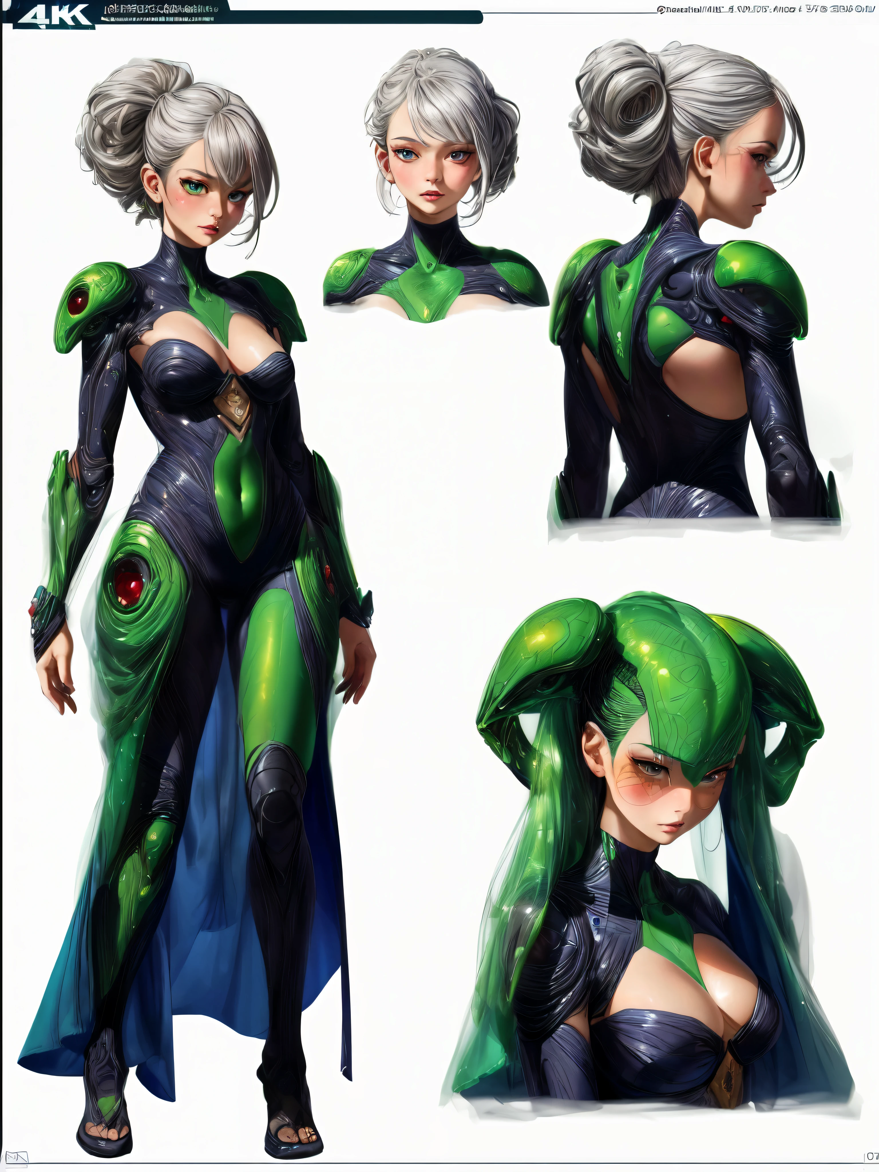 (best quality,4k,8k,highres,masterpiece:1.2),ultra-detailed,(realistic,photorealistic,photo-realistic:1.37),extraterrestrial,beautiful detailed eyes,beautiful detailed lips,extremely detailed eyes and face,longeyelashes,1girl,alien,alien race,unique,exotic,green skin,thin and fragile,innocent expression,mysterious beauty,glowing complexion,sharp and defined facial features,shimmering silver hair,floating in mid-air,surrounded by a soft ethereal light,cosmic background,((masterpiece)),(((best quality))),(character design sheet, same character, front, side, back),(CharacterSheet:1), (three view drawing), (multiple views, full body, upper body, reference sheet:1.2), (simple background, white background), (simple background, white background),,"(best quality, highres, masterpiece:1.2),