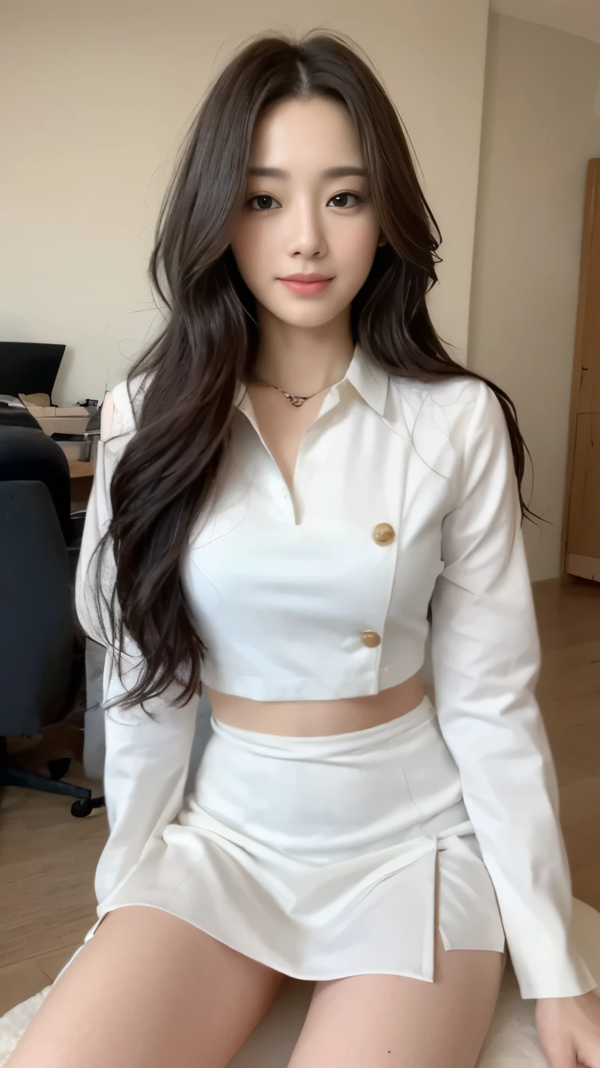 ((top-quality、8k、masterpiece:1.3))、Beautiful woman with perfect body:1.4、slim abdomen:1.2、Longhair, normal breast, Highly detailed facial and skin texture, A detailed eye, delicate eyes, double eyelid, (smile), (full body shot), ((office)), (sitting on chair), (((wearing white uniform)), looking in front, food