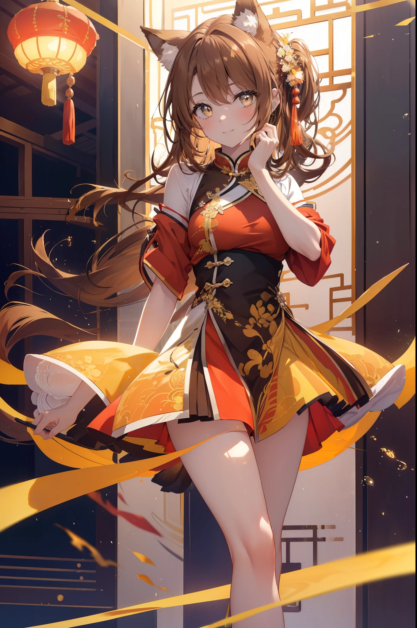 irohaisshiki, iroha isshiki, long hair, light brown hair, (brown eyes:1.5), fox girl,fox ears,fox tail,smile,blush,yellow dress, china dress, Chinese service, dress, air, hip vent, side long slit, No sleeve, No sleeve dress,stiletto heels,
break indoors, Chinese style restaurant,
break looking at viewer,
break (masterpiece:1.2), highest quality, High resolution, unity 8k wallpaper, (figure:0.8), (detailed and beautiful eyes:1.6), highly detailed face, perfect lighting, Very detailed CG, (perfect hands, perfect anatomy),