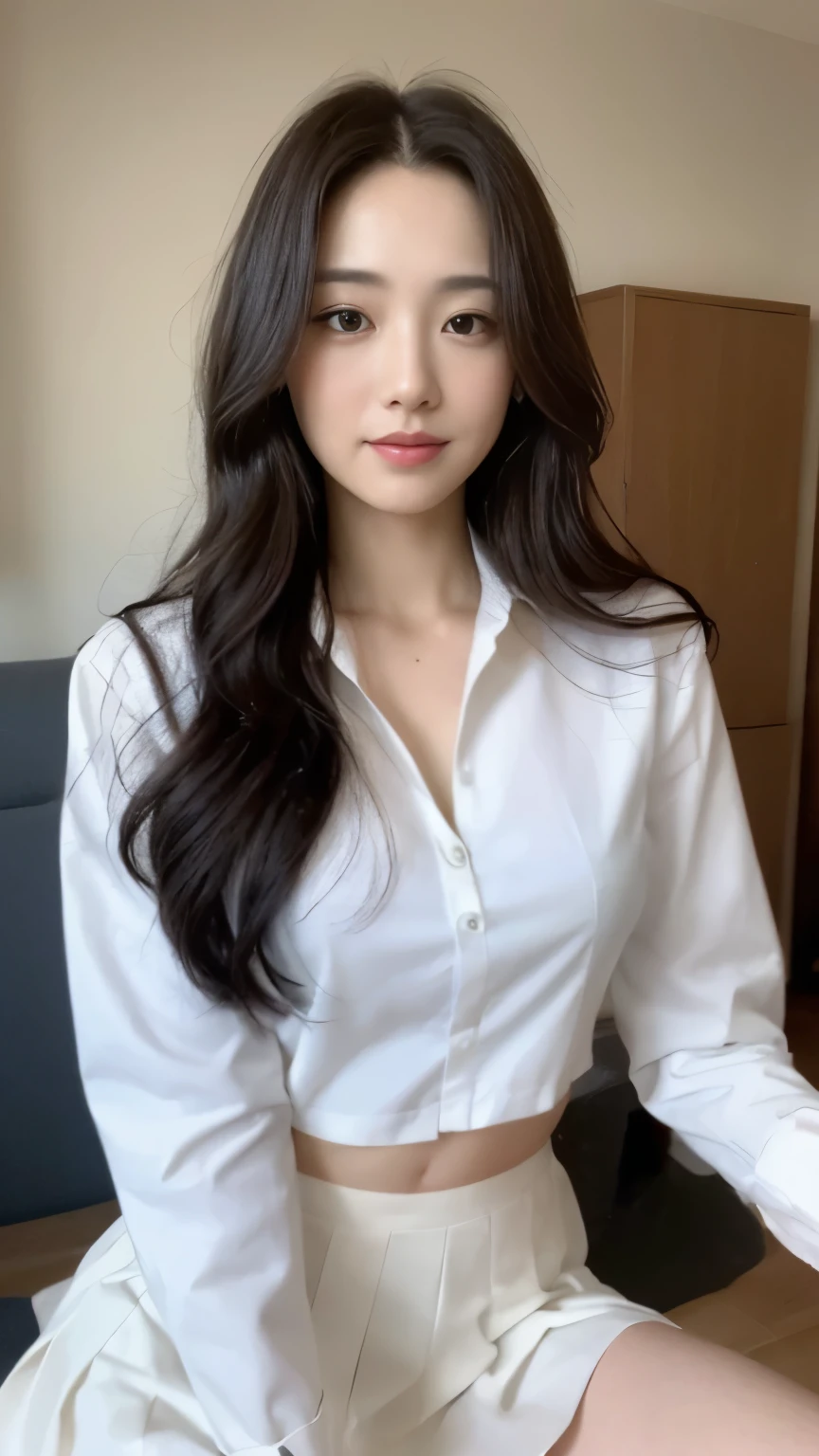 ((top-quality、8k、masterpiece:1.3))、Beautiful woman with perfect body:1.4、slim abdomen:1.2、Longhair, normal breast, Highly detailed facial and skin texture, A detailed eye, delicate eyes, double eyelid, (smile), (full body shot), ((office)), (sitting on chair), (((wearing white uniform)), looking in front, food