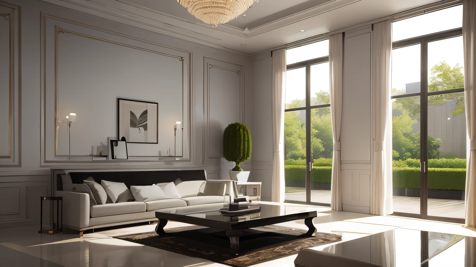 you are a famous interior designer、I was asked to create a 3D image of a large modern room.。. Create a harmonious environment with modern and minimalist furniture. Including garden interior.