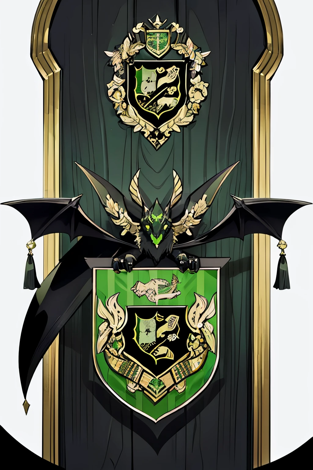 ( coat of arms design) bat in the center of the shield, a black and green shield with a stylized design on it, shield design, fantasy shield, green and black armor, green and black coat of arms, shield emblem, royal coat of arms, sword, bat symbol, coat of arms