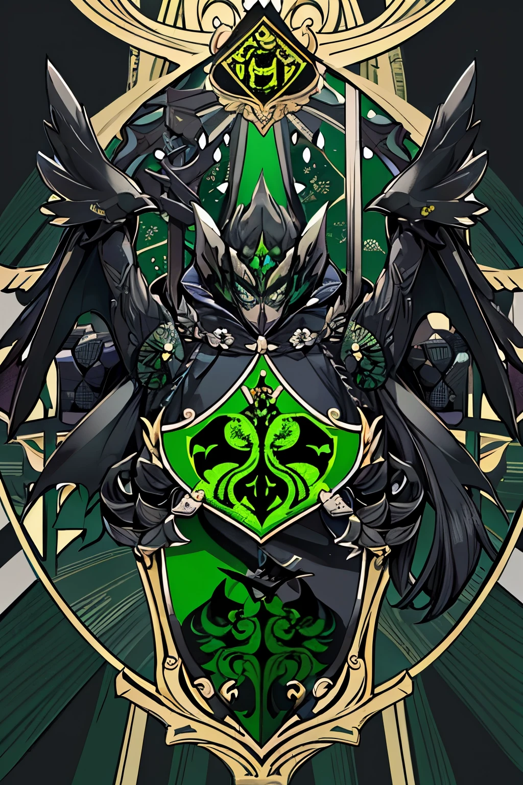 ( coat of arms design) bat in the center of the shield, a black and green shield with a stylized design on it, shield design, fantasy shield, green and black armor, green and black coat of arms, shield emblem, royal coat of arms, sword, bat symbol, coat of arms